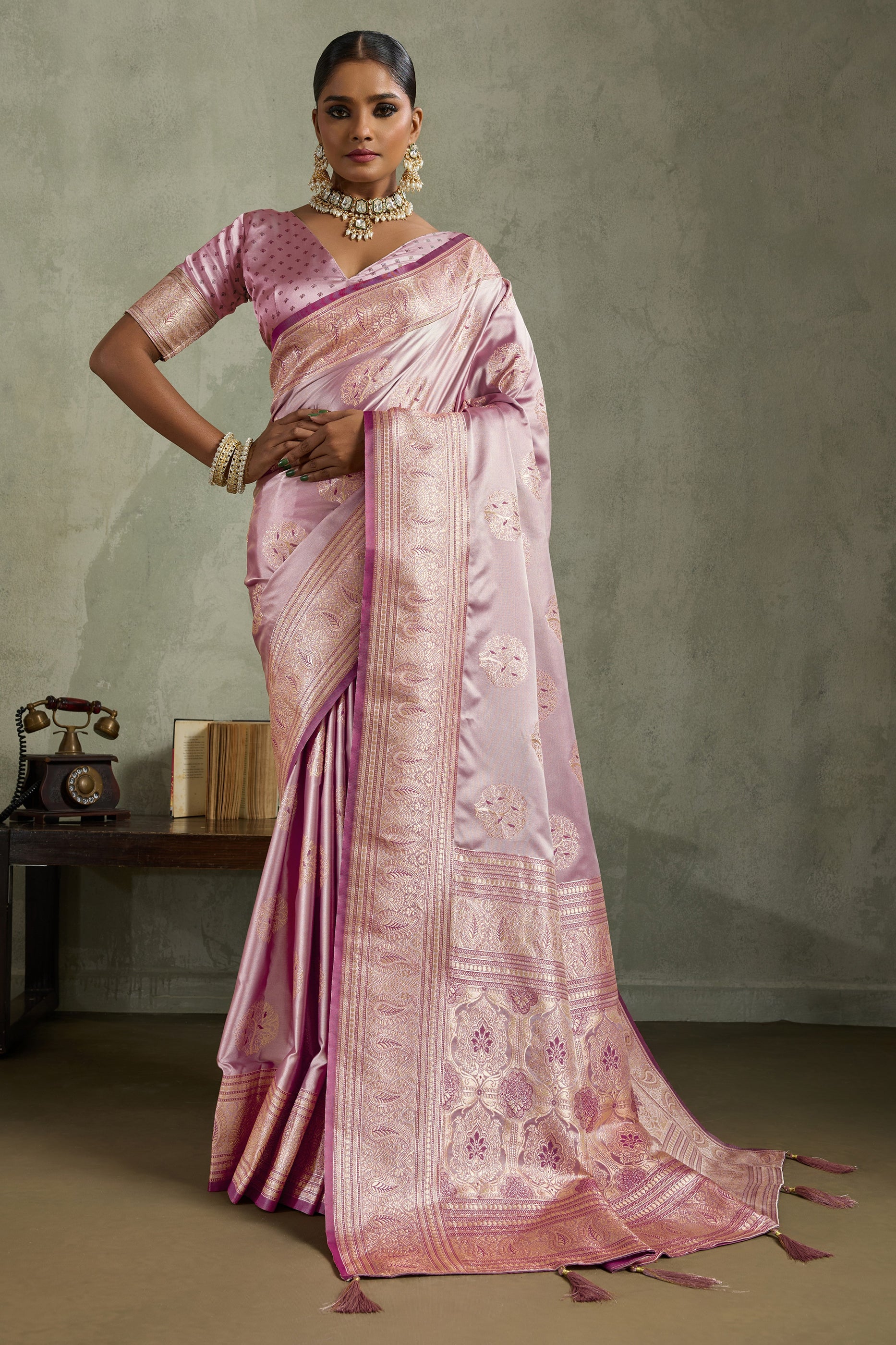 Powder Pink Woven Satin Silk Banarasi Saree-SAR11803_1_SareeButa.com