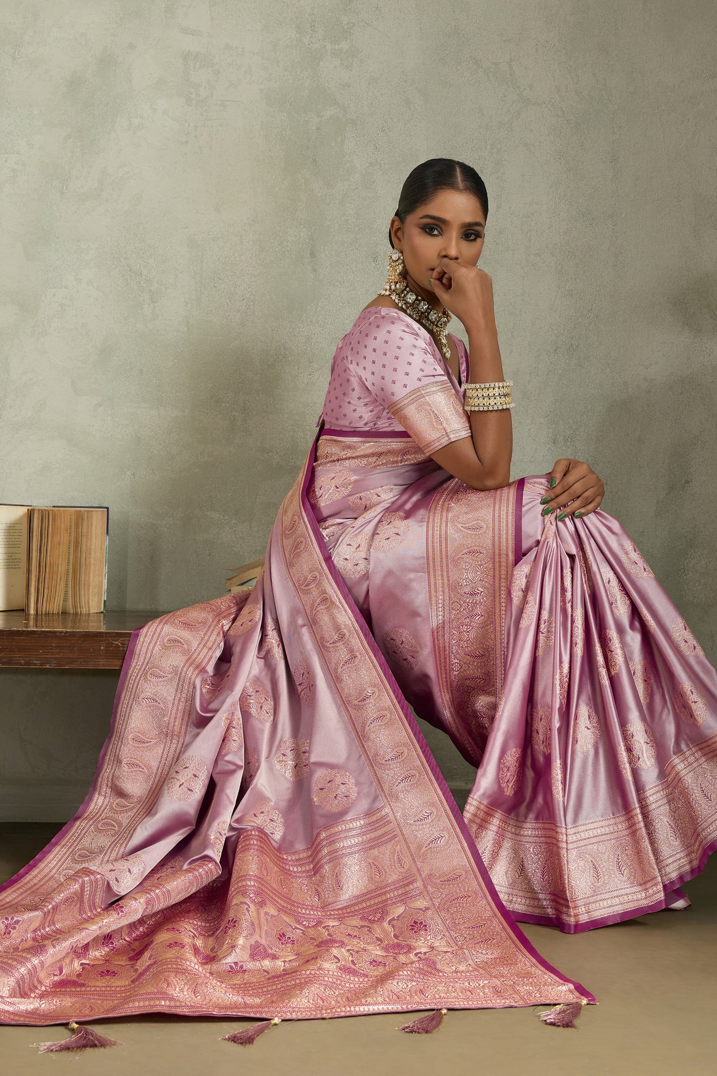 Powder Pink Woven Satin Silk Banarasi Saree-SAR11803_3_SareeButa.com