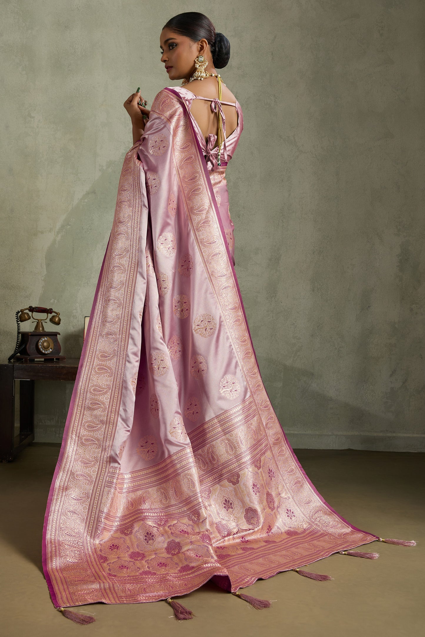 Powder Pink Woven Satin Silk Banarasi Saree-SAR11803_4_SareeButa.com