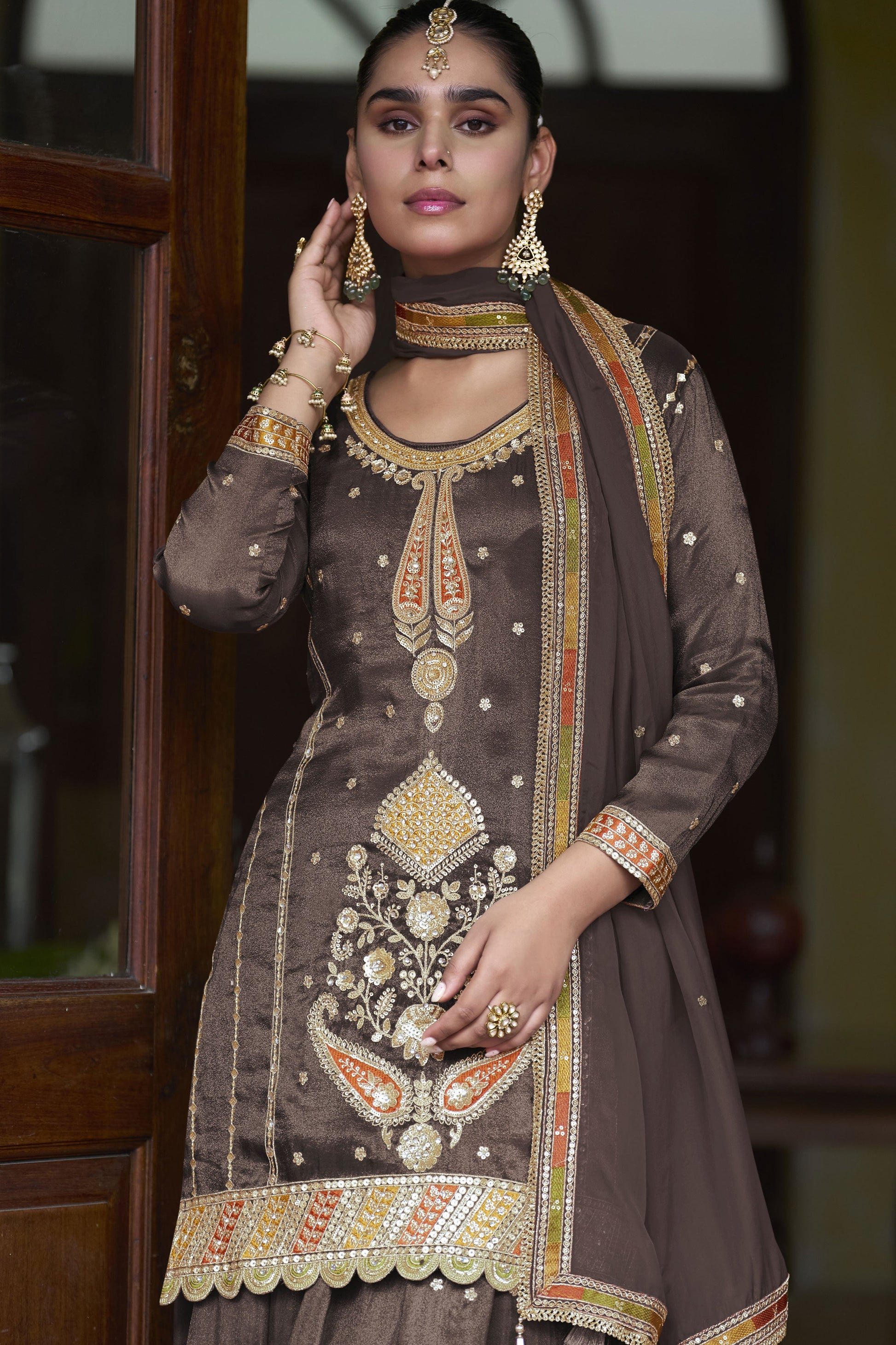 Purple Brown Readymade Simar Silk Palazzo Suit-SS944_2_SareeButa.com
