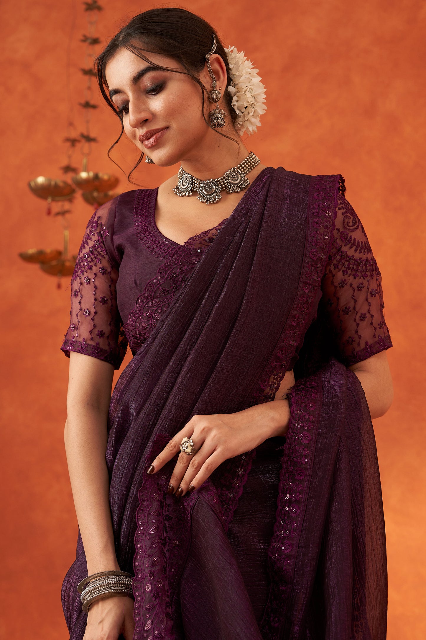 Purple Embroidered Chiffon Saree-ZB133037_2_SareeButa.com