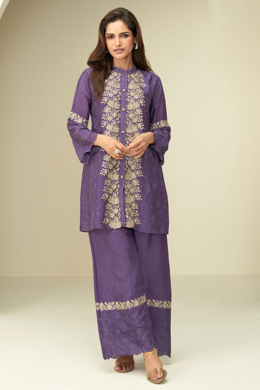 Purple Embroidered Chinon Co Ord Set-SS947_1_SareeButa.com