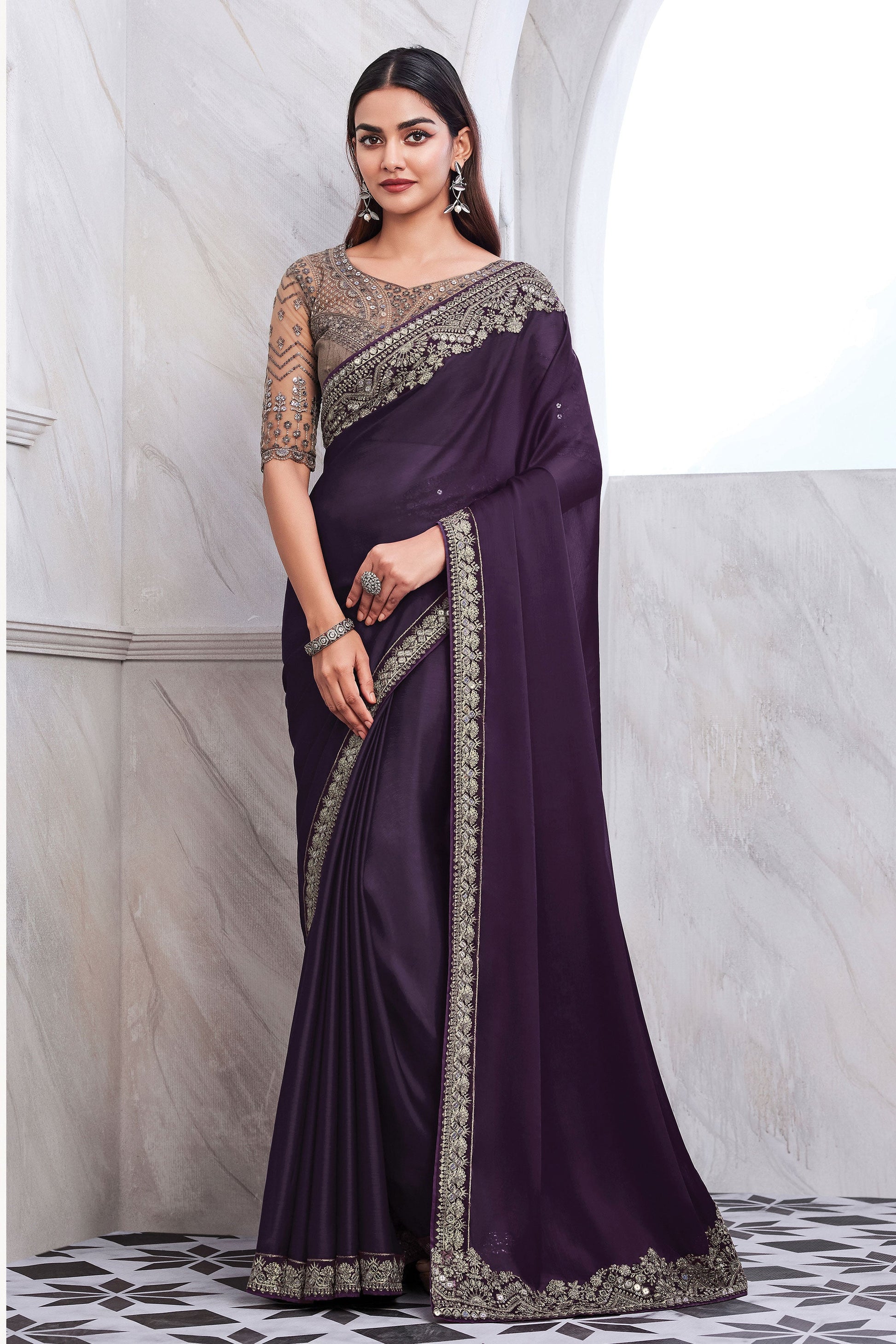 Purple Embroidered Silk Saree-ZB132287_1