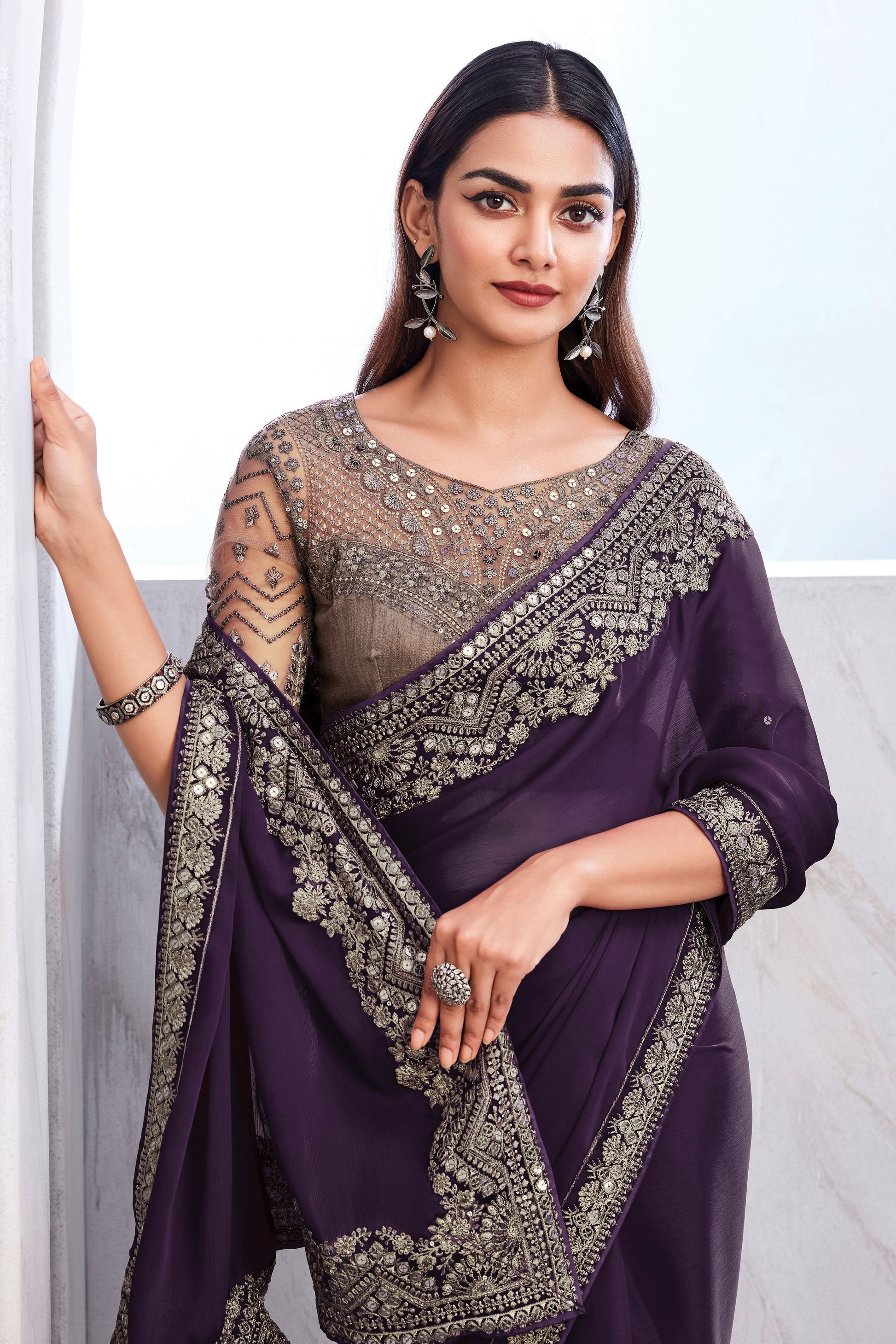 Purple Embroidered Silk Saree-ZB132287_2