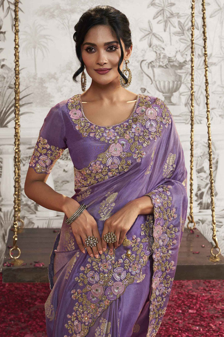 Purple Embroidered Viscose Saree-ZB131119_2