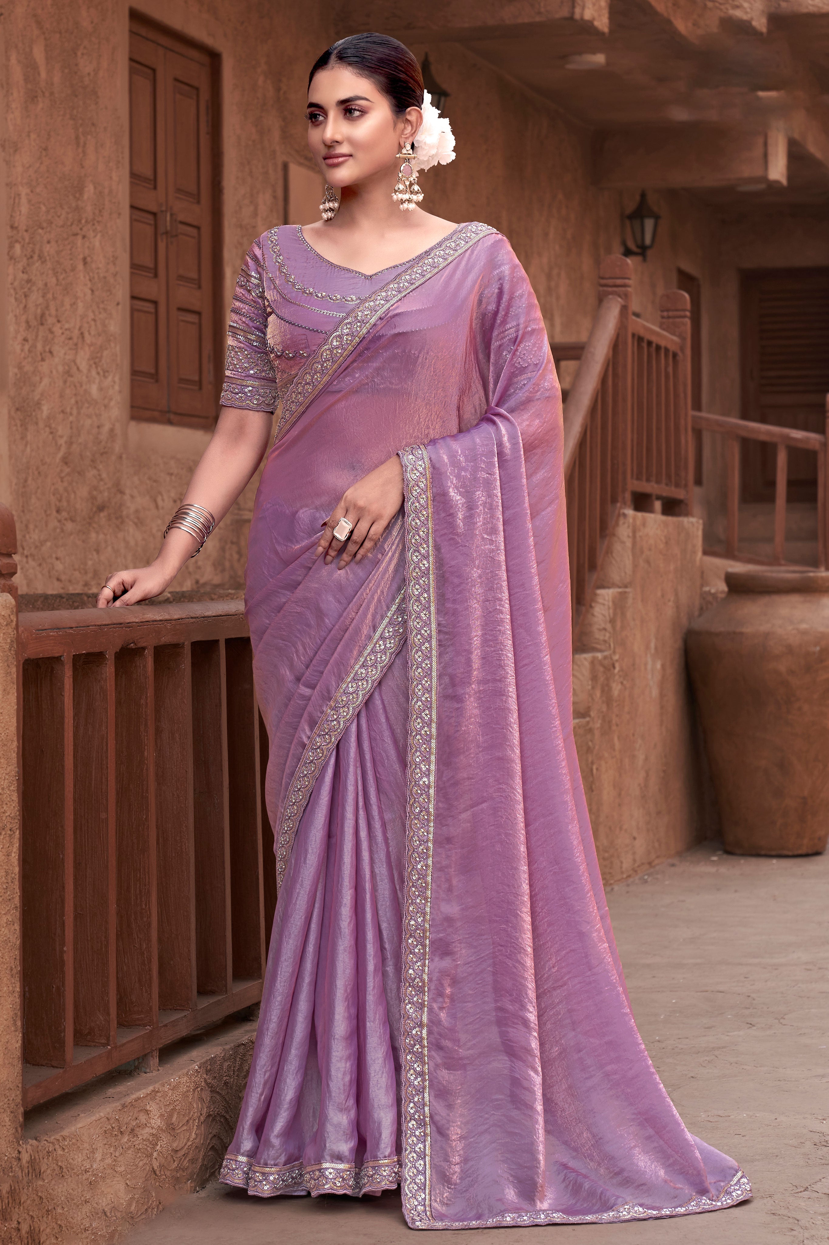 Women's Satin Silk Purple Printed Designer Saree With Blouse Piece