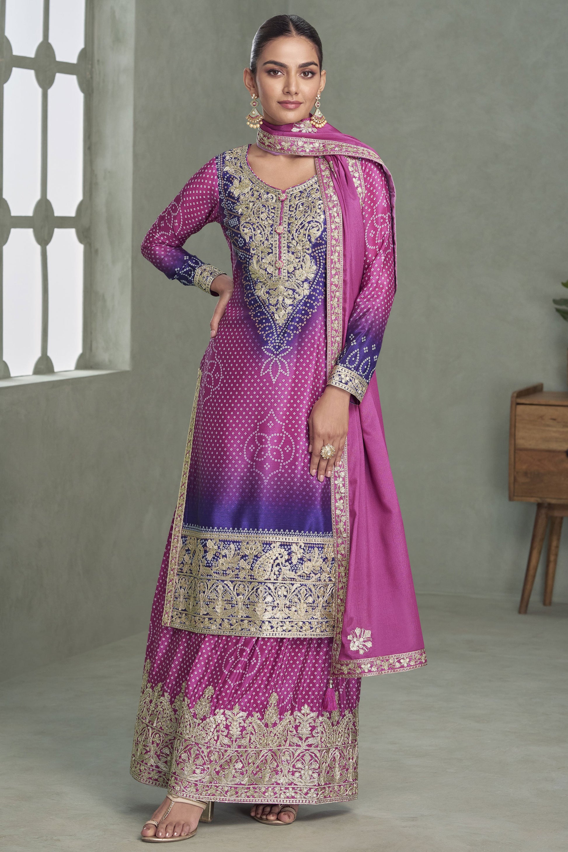 Purple Pink Readymade Embroidered Chinon Silk Suit-SS929_1_SareeButa.com