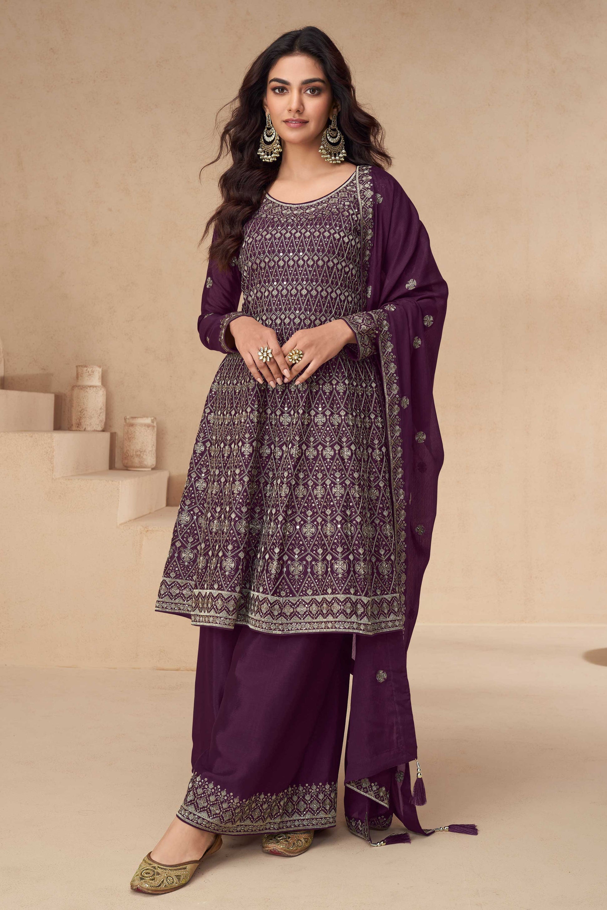 Purple Readymade Chinon Silk A-Line Suit-SS324_1_SareeButa.com