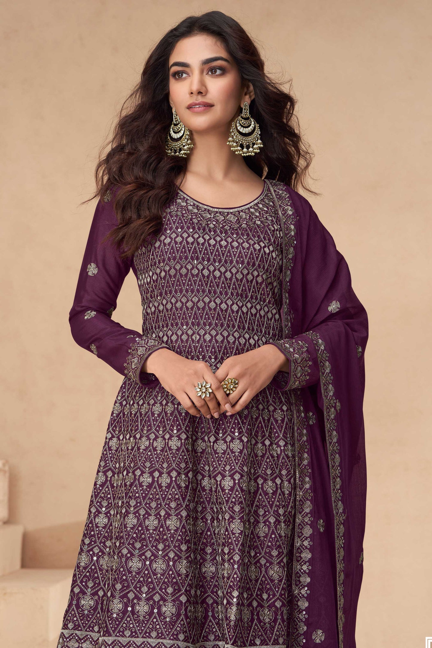 Purple Readymade Chinon Silk A-Line Suit-SS324_2_SareeButa.com