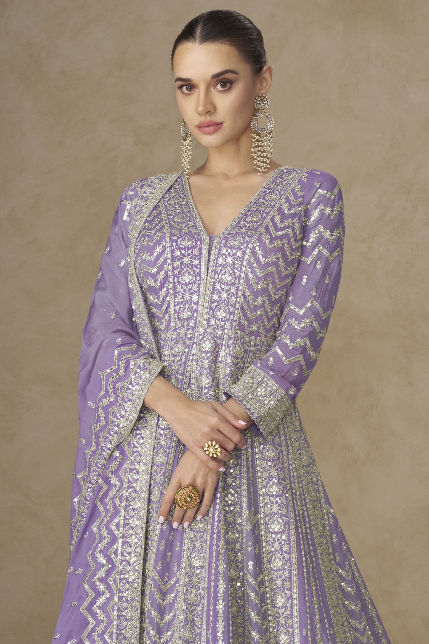 Purple Readymade Chinon Silk Gown with Dupatta