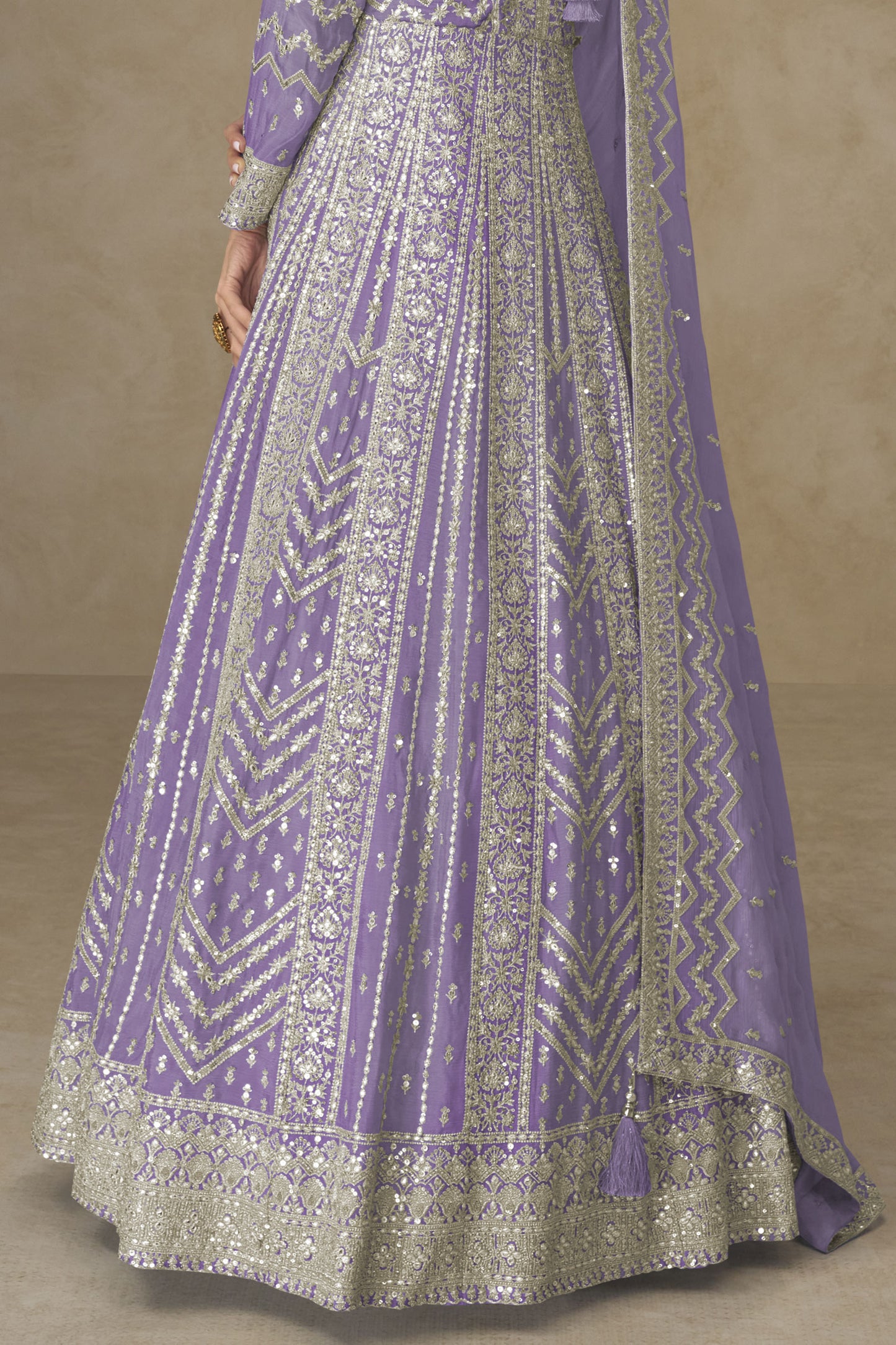 Purple Readymade Chinon Silk Gown with Dupatta