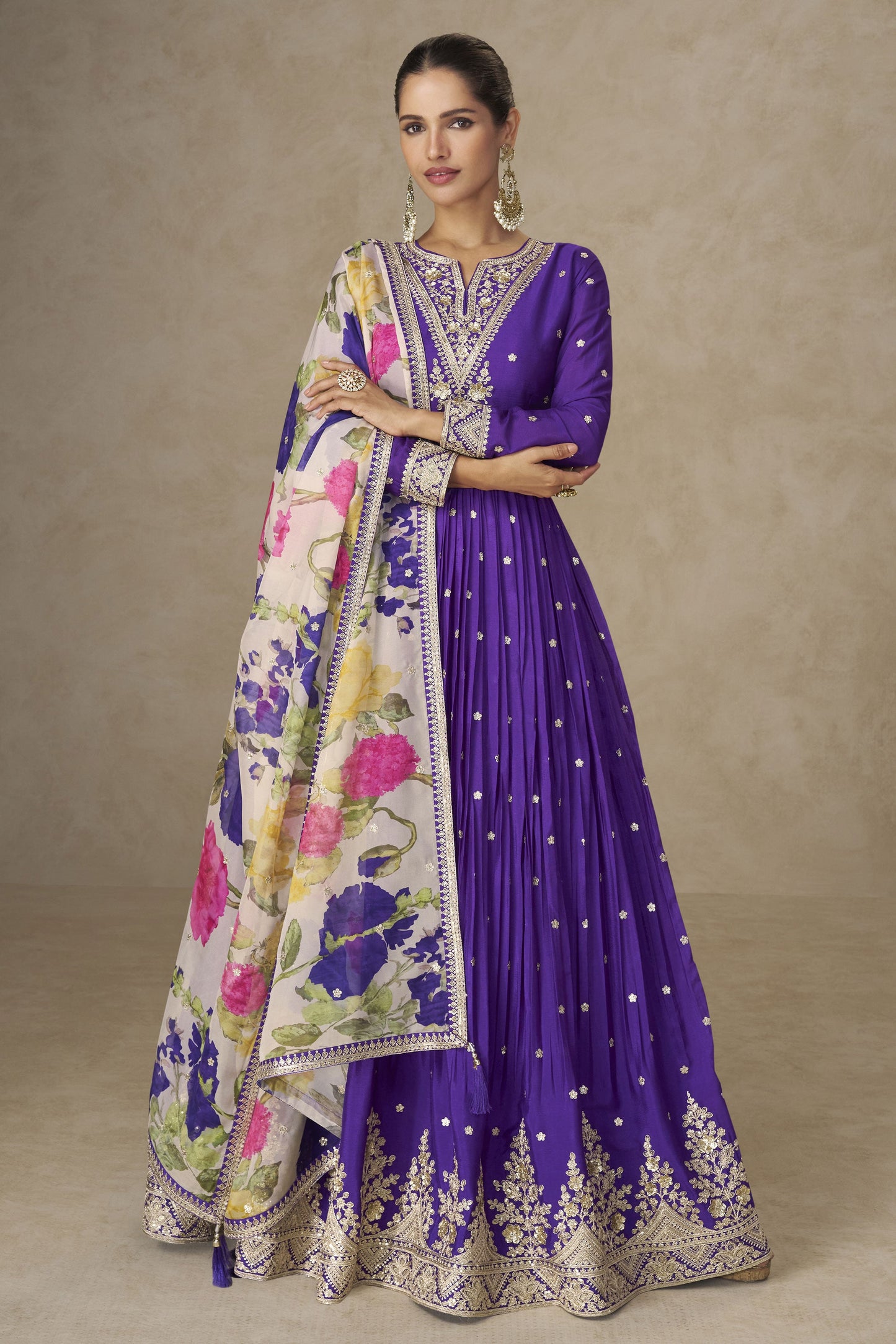 Purple Readymade Embroidered Chinon Gown With Dupatta-SS835_1_SareeButa.com