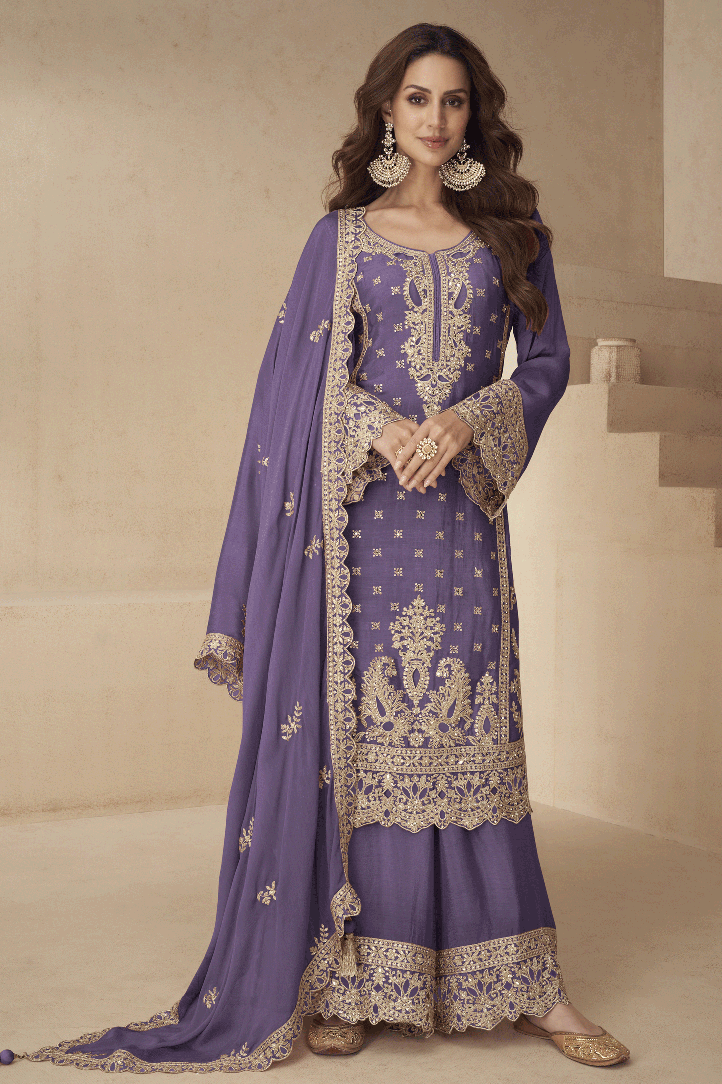Purple Readymade Embroidered Chinon Palazzo Suit-SS905_1_SareeButa.com