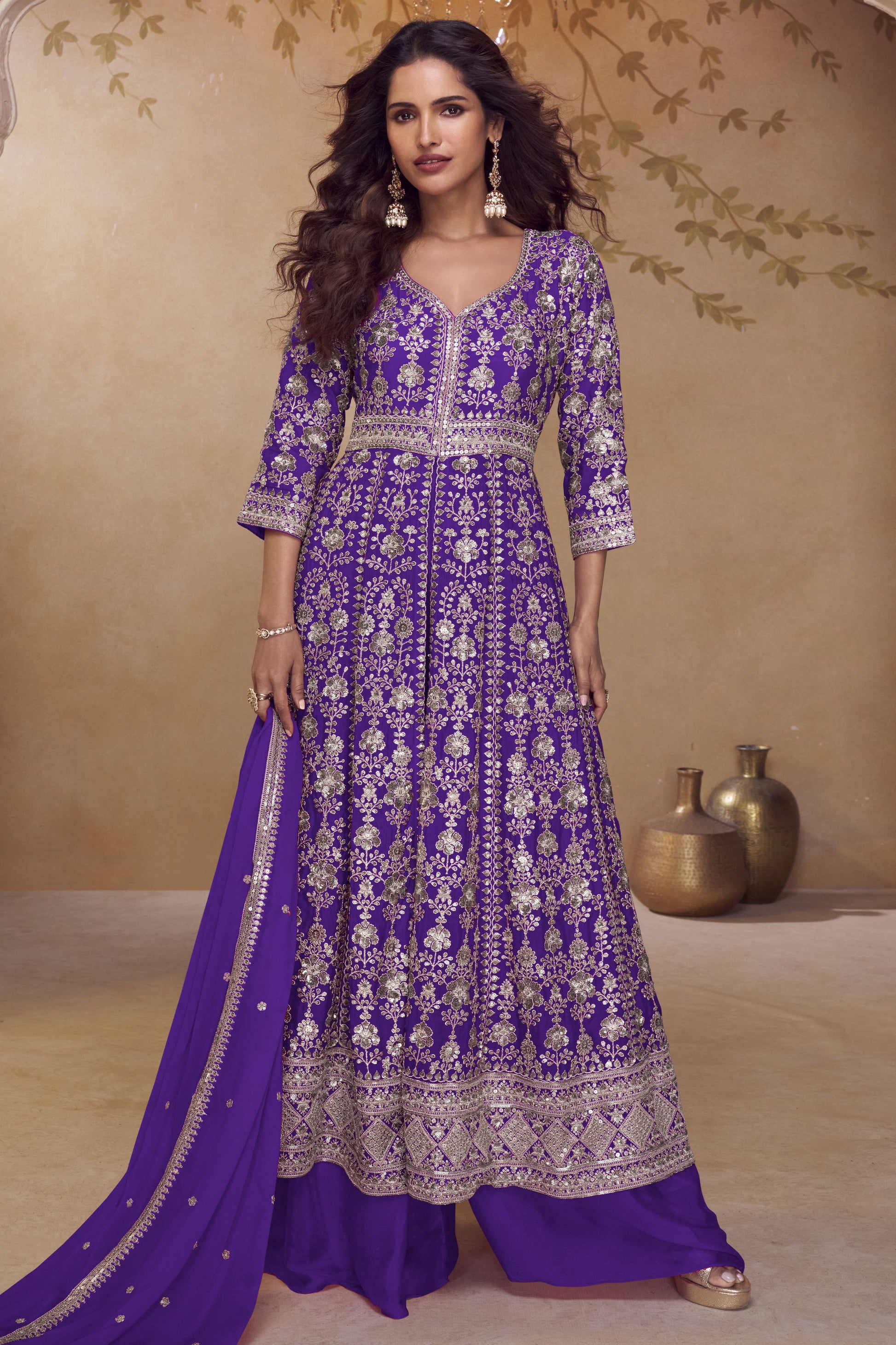 Purple Readymade Embroidered Chinon Palazzo Suit-SS945_1_SareeButa.com