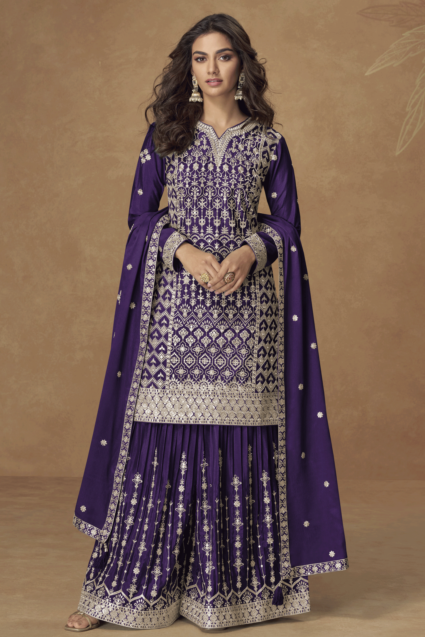 Purple Readymade Embroidered Chinon Silk Palazzo Suit-SS847_1_SareeButa.com