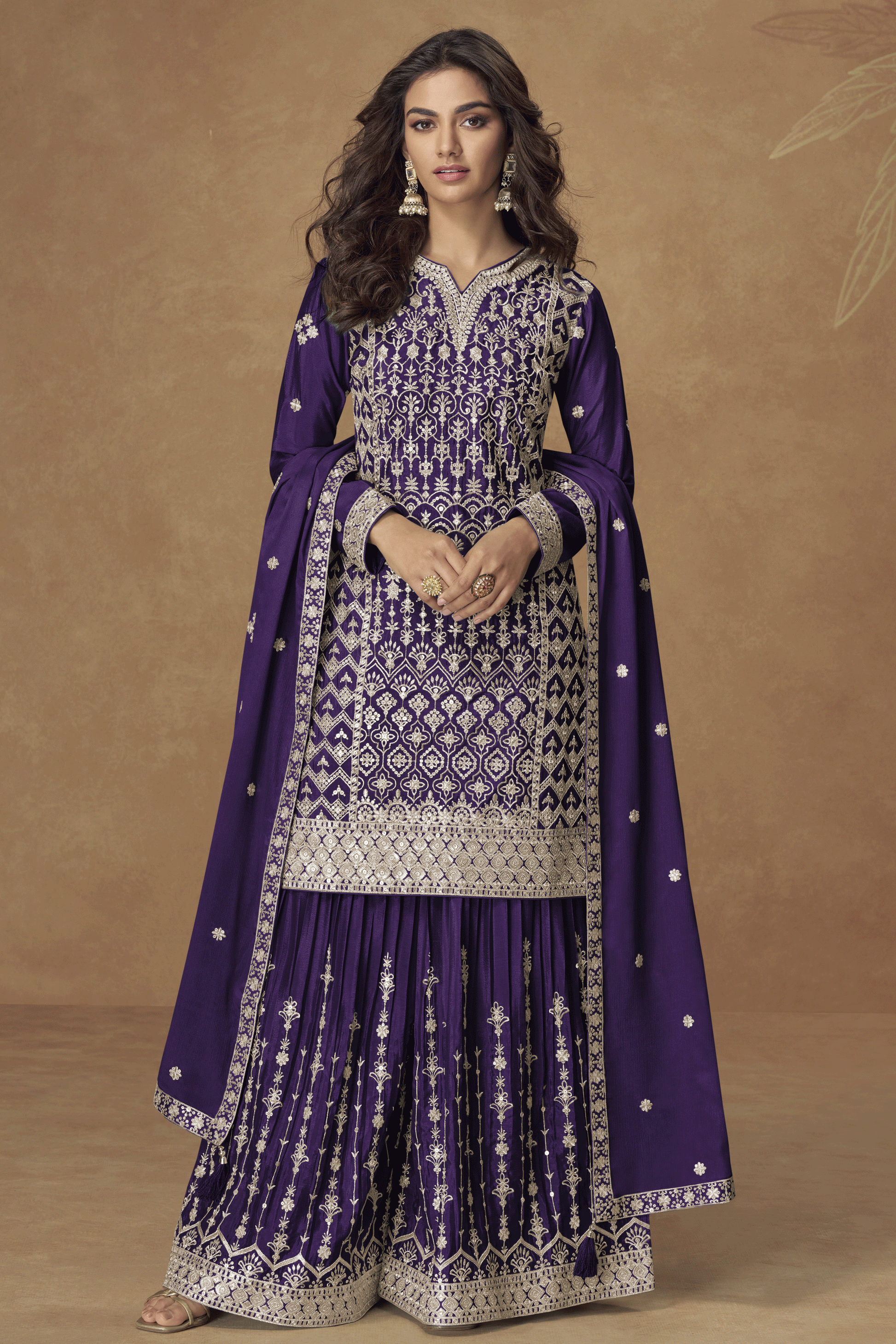 Purple Readymade Embroidered Chinon Silk Palazzo Suit-SS847_1_SareeButa.com