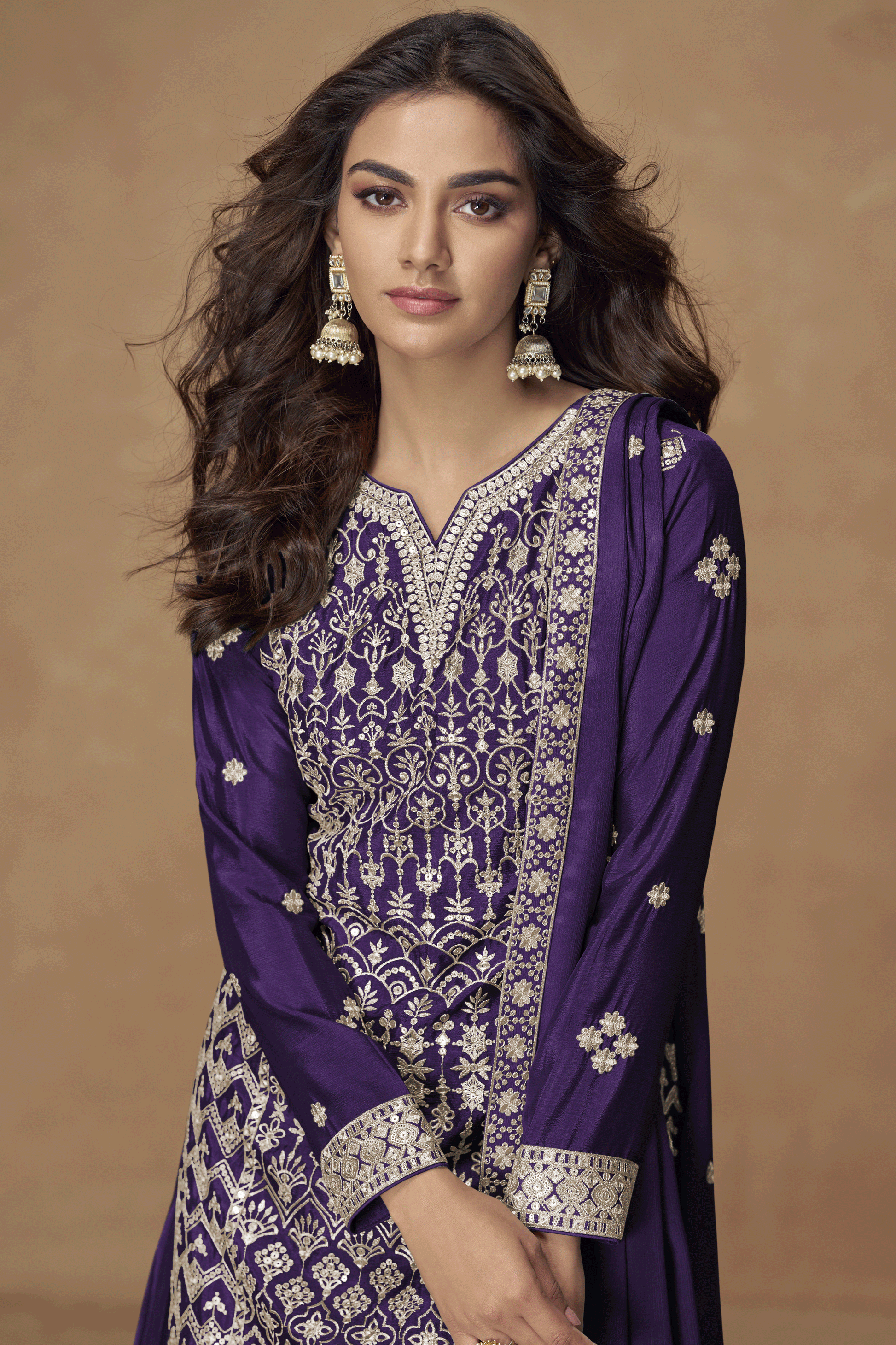 Purple Readymade Embroidered Chinon Silk Palazzo Suit-SS847_2_SareeButa.com