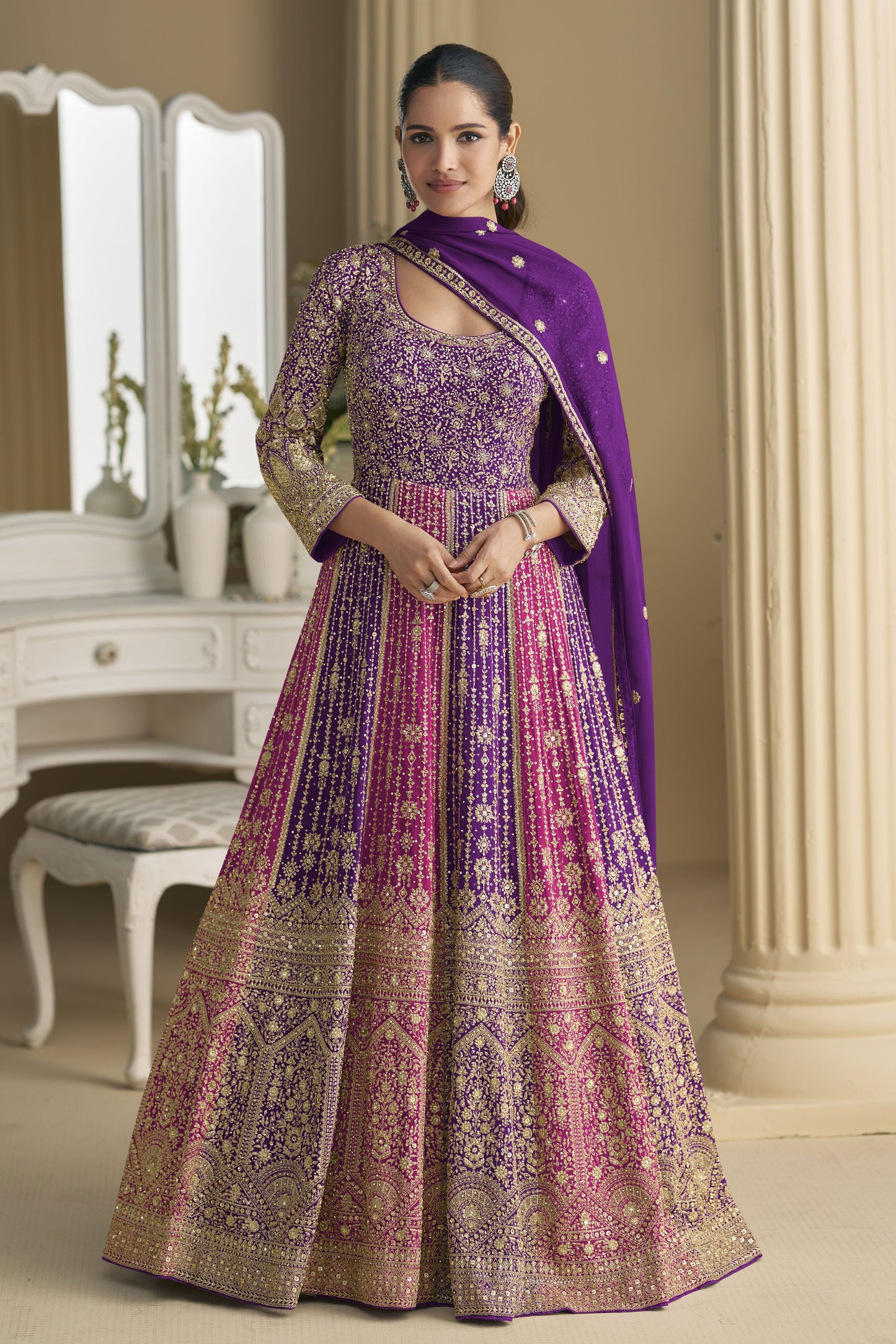 Purple Readymade Embroidered Georgette Gown with Dupatta-SS914_1_SareeButa.com