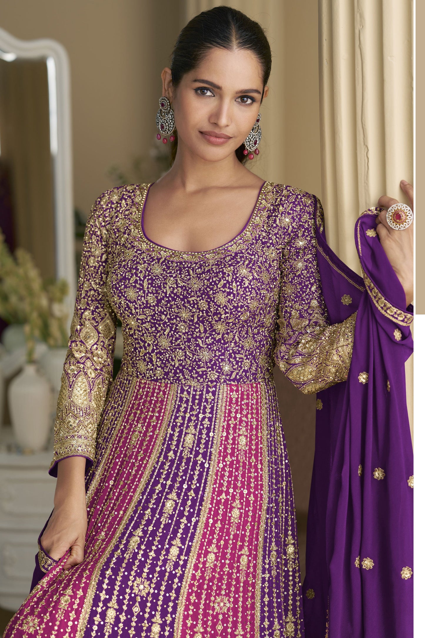 Purple Readymade Embroidered Georgette Gown with Dupatta-SS914_2_SareeButa.com