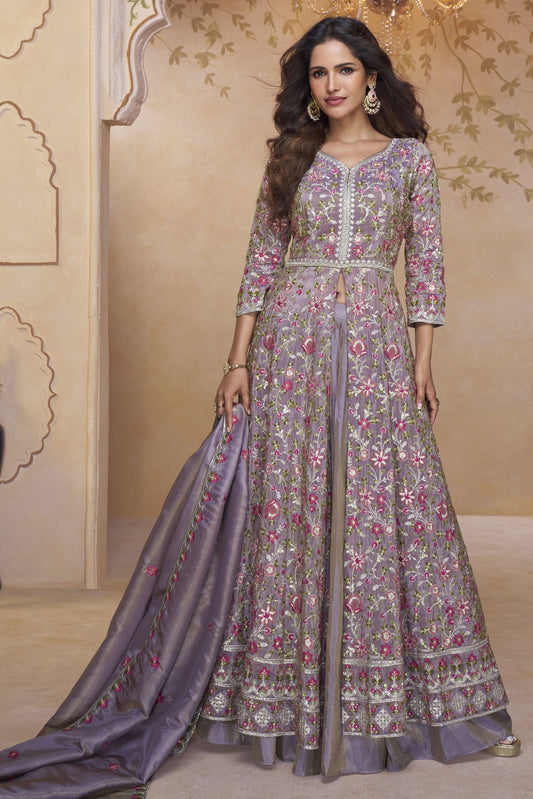 Purple Readymade Embroidered Silk Skirt Suit-SS833_1_SareeButa.com