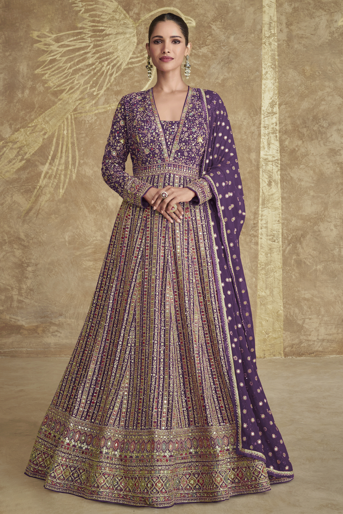 Purple Readymade Heavy Work Georgette Gown with Dupatta-SS612_1_SareeButa.com