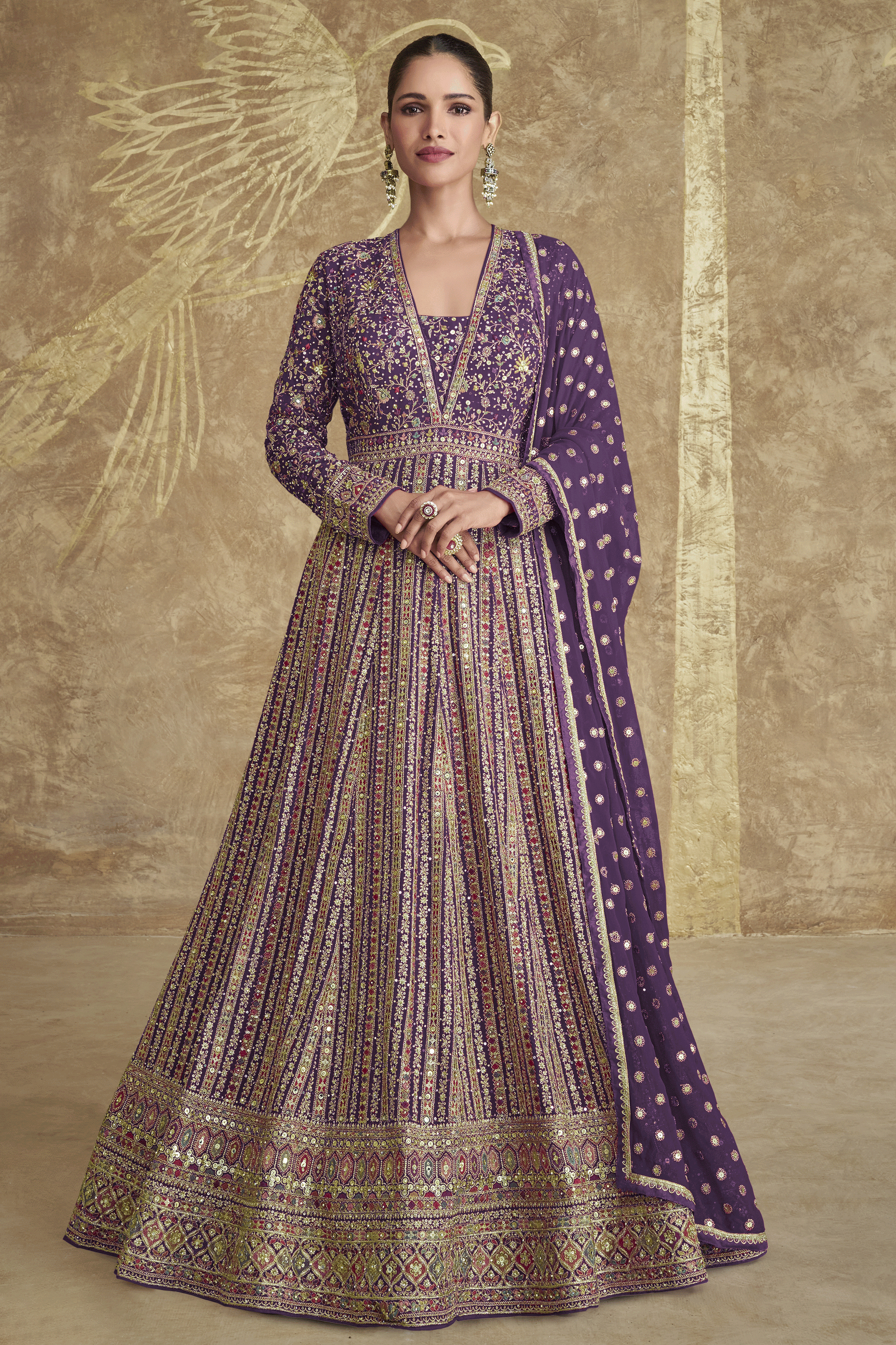 Purple Readymade Heavy Work Georgette Gown with Dupatta-SS612_1_SareeButa.com