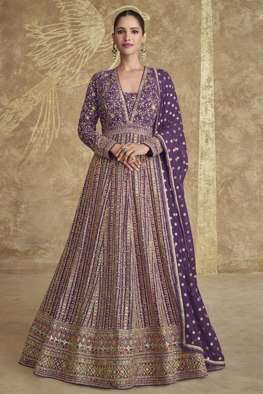Purple Readymade Heavy Work Georgette Gown with Dupatta-SS612_1_SareeButa.com