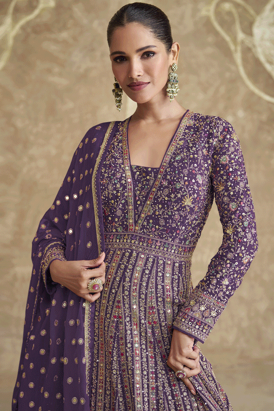 Purple Readymade Heavy Work Georgette Gown with Dupatta-SS612_2_SareeButa.com