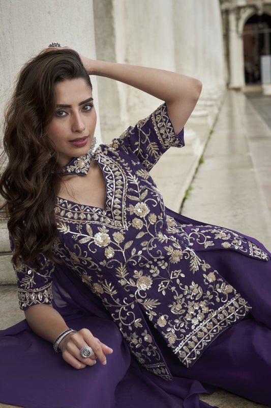 Purple Readymade Organza Silk Palazzo Set-SS875_2_SareeButa.com