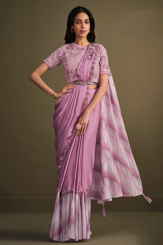 Purple Sequined Satin Silk Readymade Saree-ZB133906_1_SareeButa.com