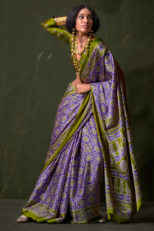 Purple Ajarakh Print Satin Crepe Saree-SAR12416_2_SareeButa.com