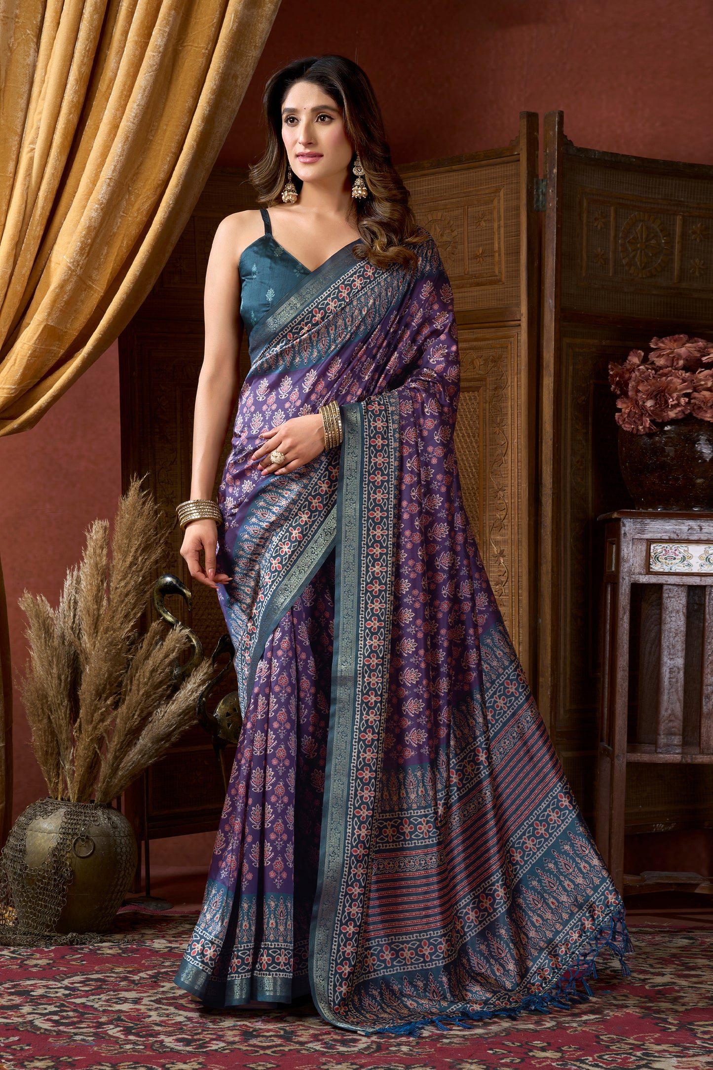 Purple Ajarakh Print Silk Saree-SAR12672_1_SareeButa.com