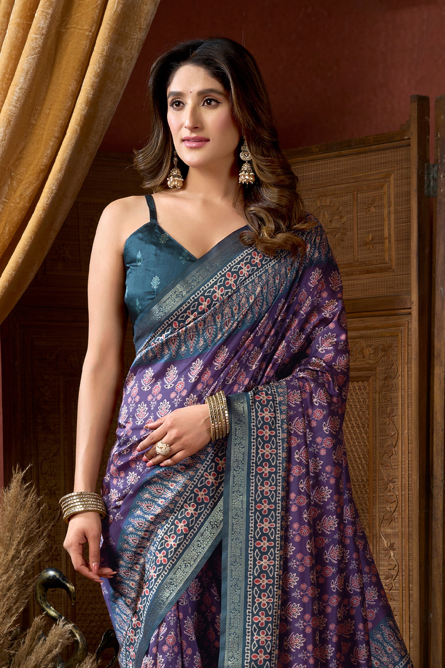 Purple Ajarakh Print Silk Saree-SAR12672_3_SareeButa.com