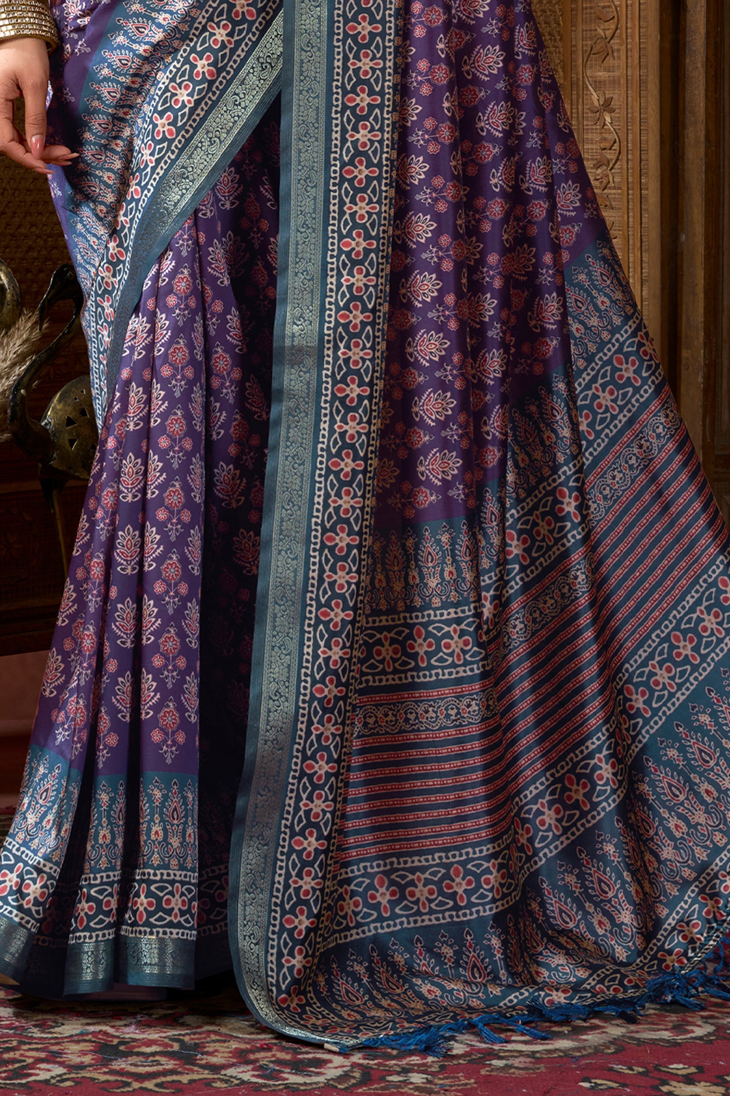 Purple Ajarakh Print Silk Saree-SAR12672_4_SareeButa.com