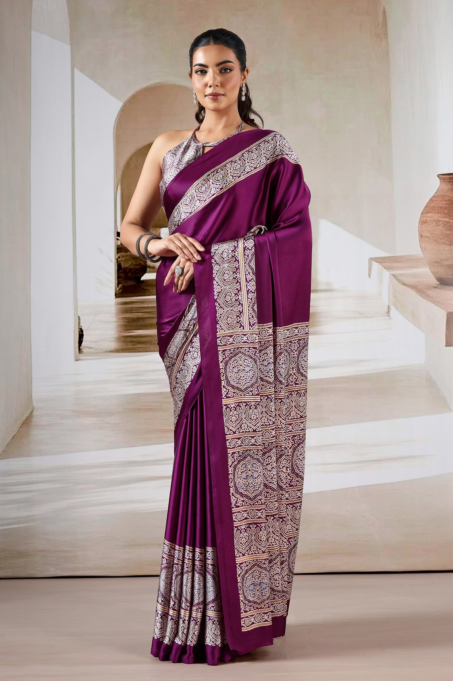 Purple Ajrakh Print Satin Saree-SAR11481_1_SareeButa.com