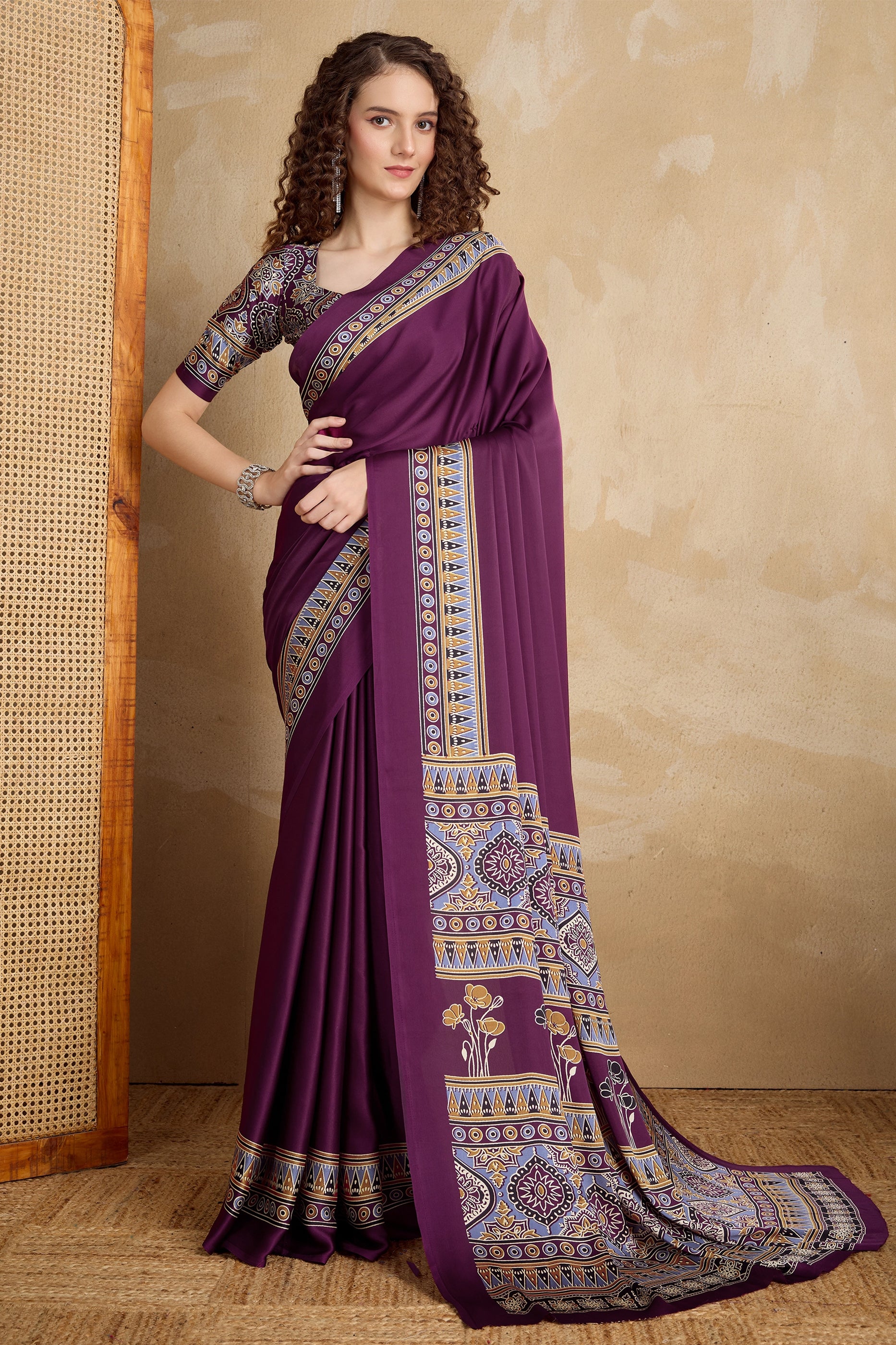 Purple Ajrakh Print Satin Saree-SAR11823_1_SareeButa.com