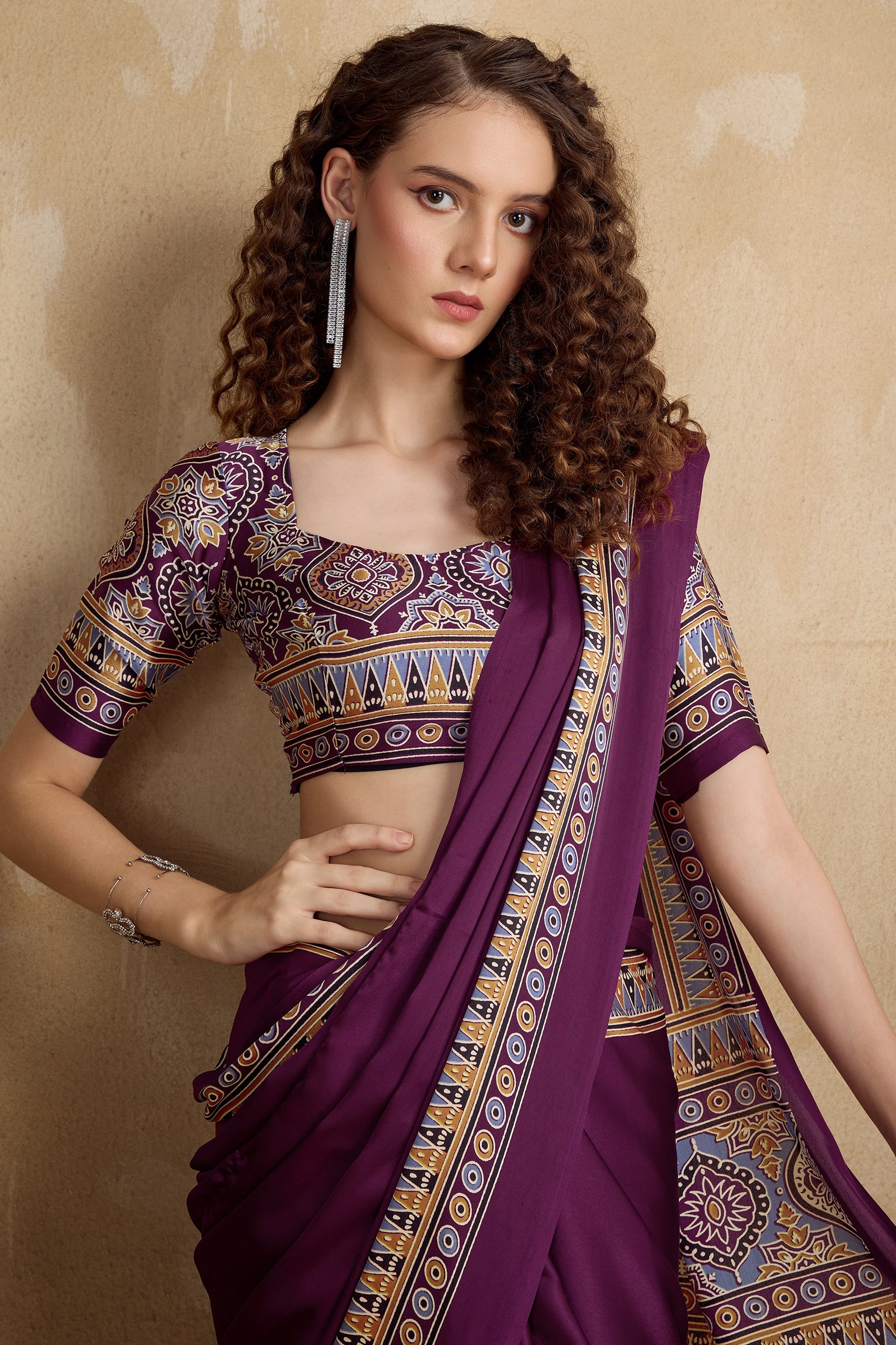 Purple Ajrakh Print Satin Saree-SAR11823_2_SareeButa.com