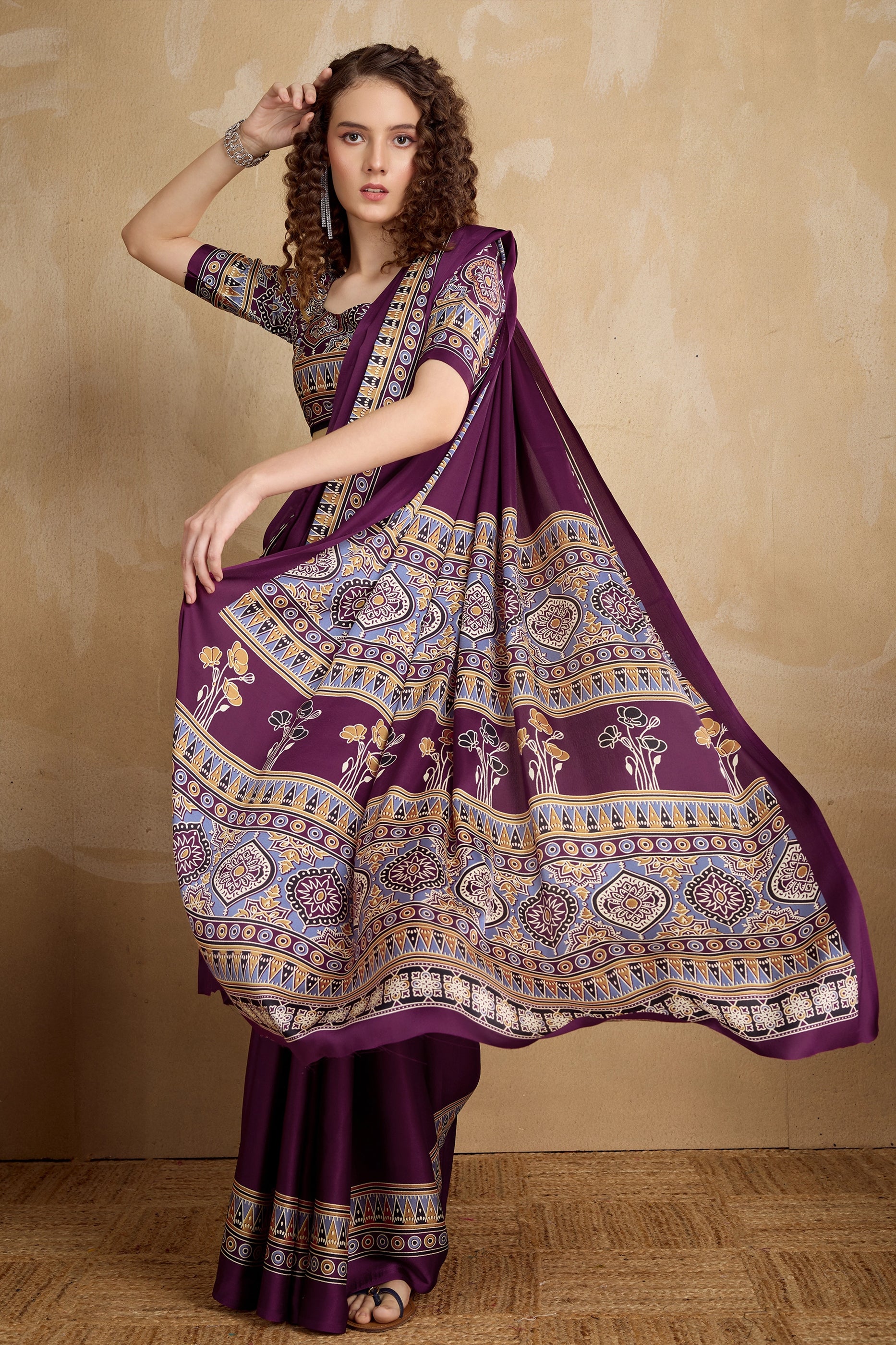 Purple Ajrakh Print Satin Saree-SAR11823_3_SareeButa.com