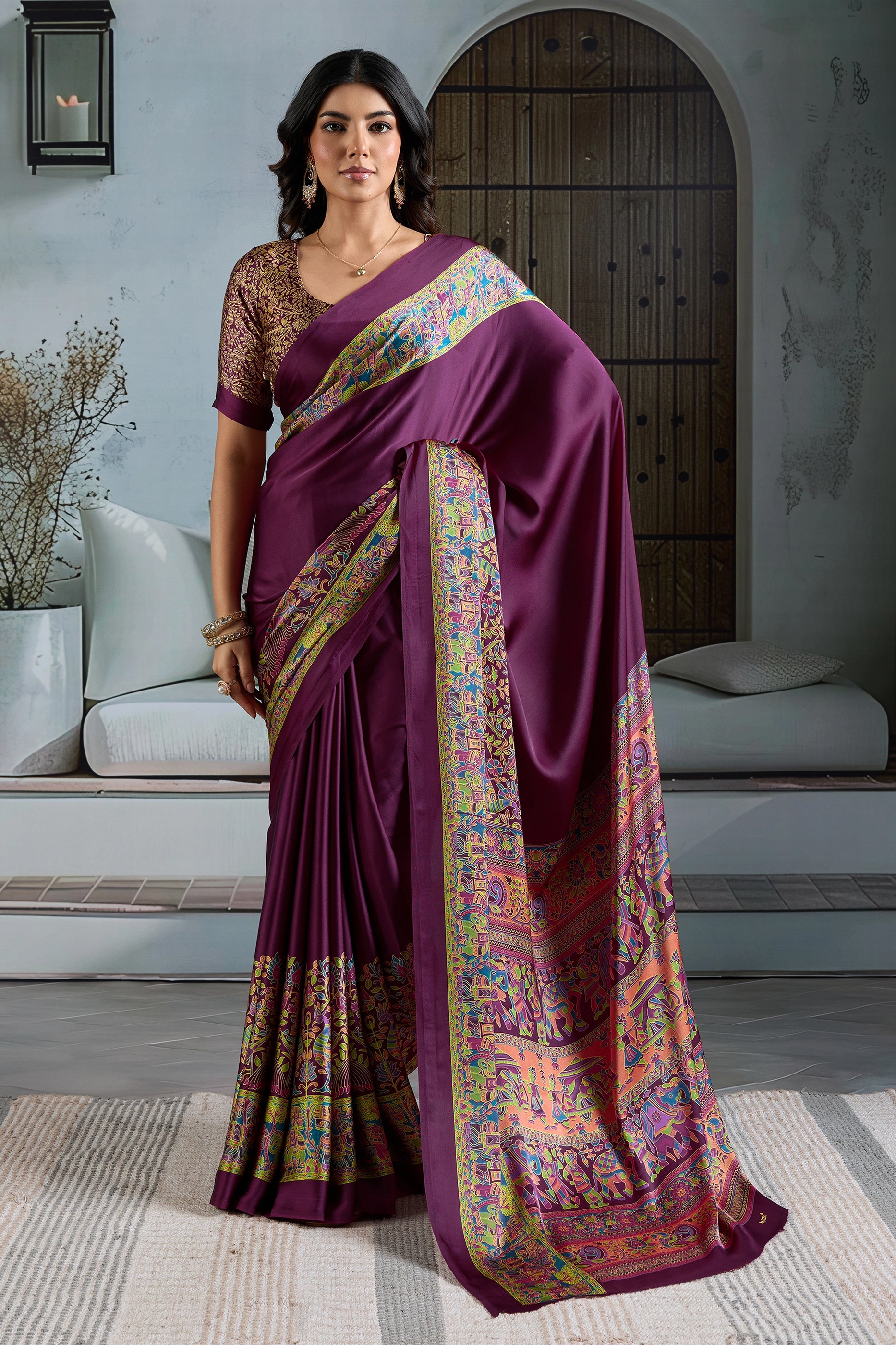 Purple Ajrakh Print Satin Saree-SAR11825_1_SareeButa.com