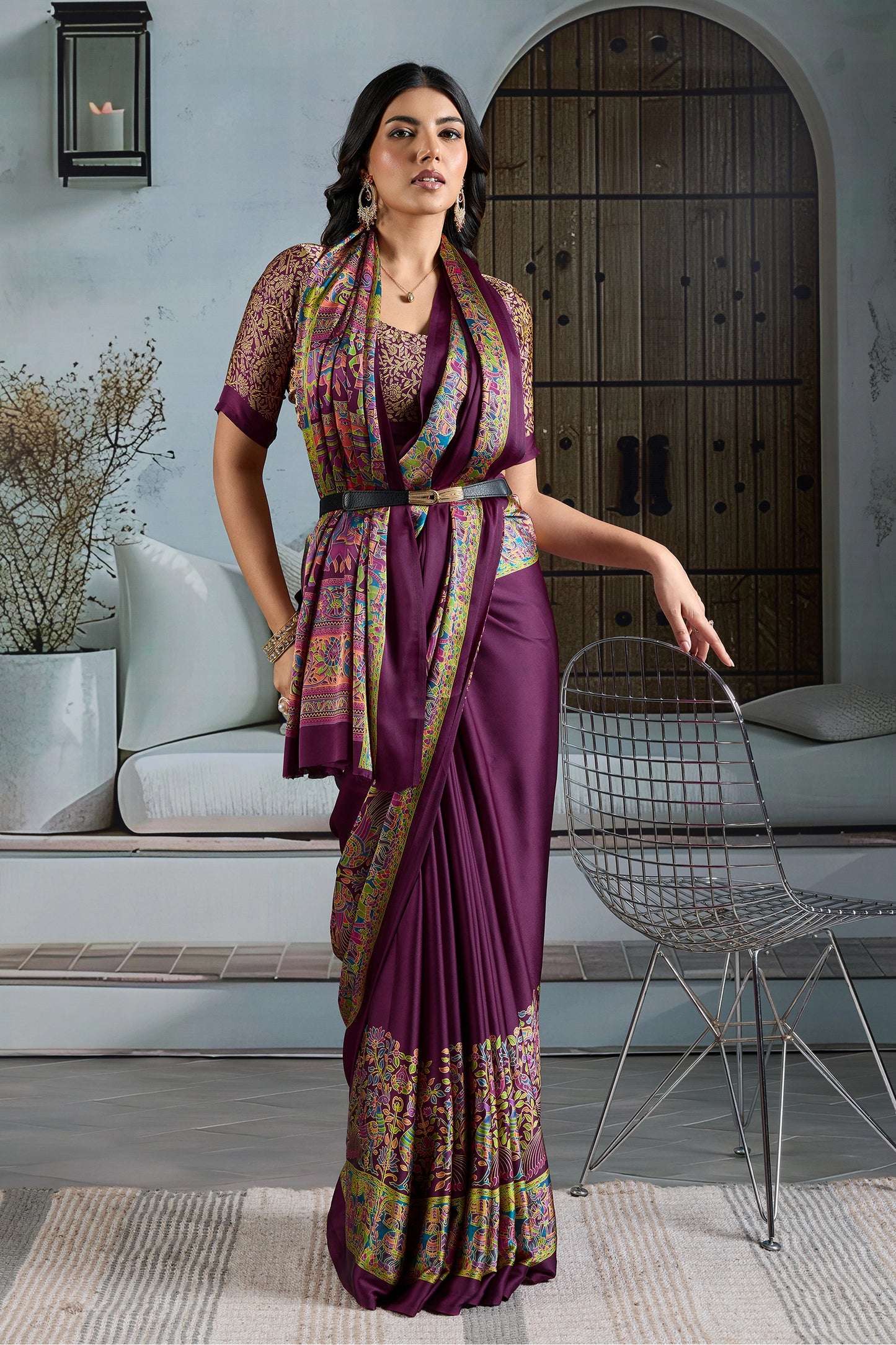 Purple Ajrakh Print Satin Saree-SAR11825_3_SareeButa.com