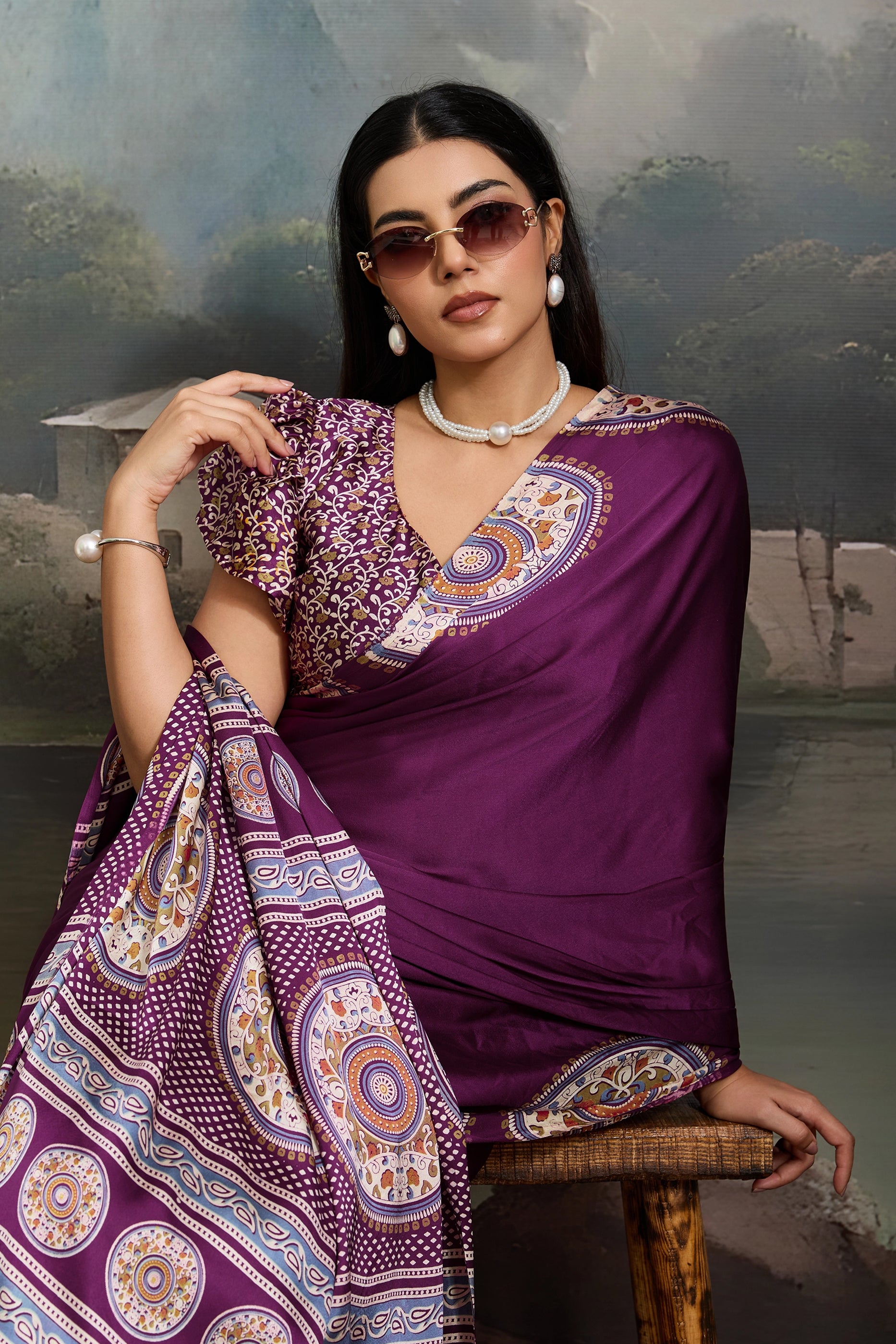 Purple Ajrakh Print Satin Saree-SAR11864_2_SareeButa.com