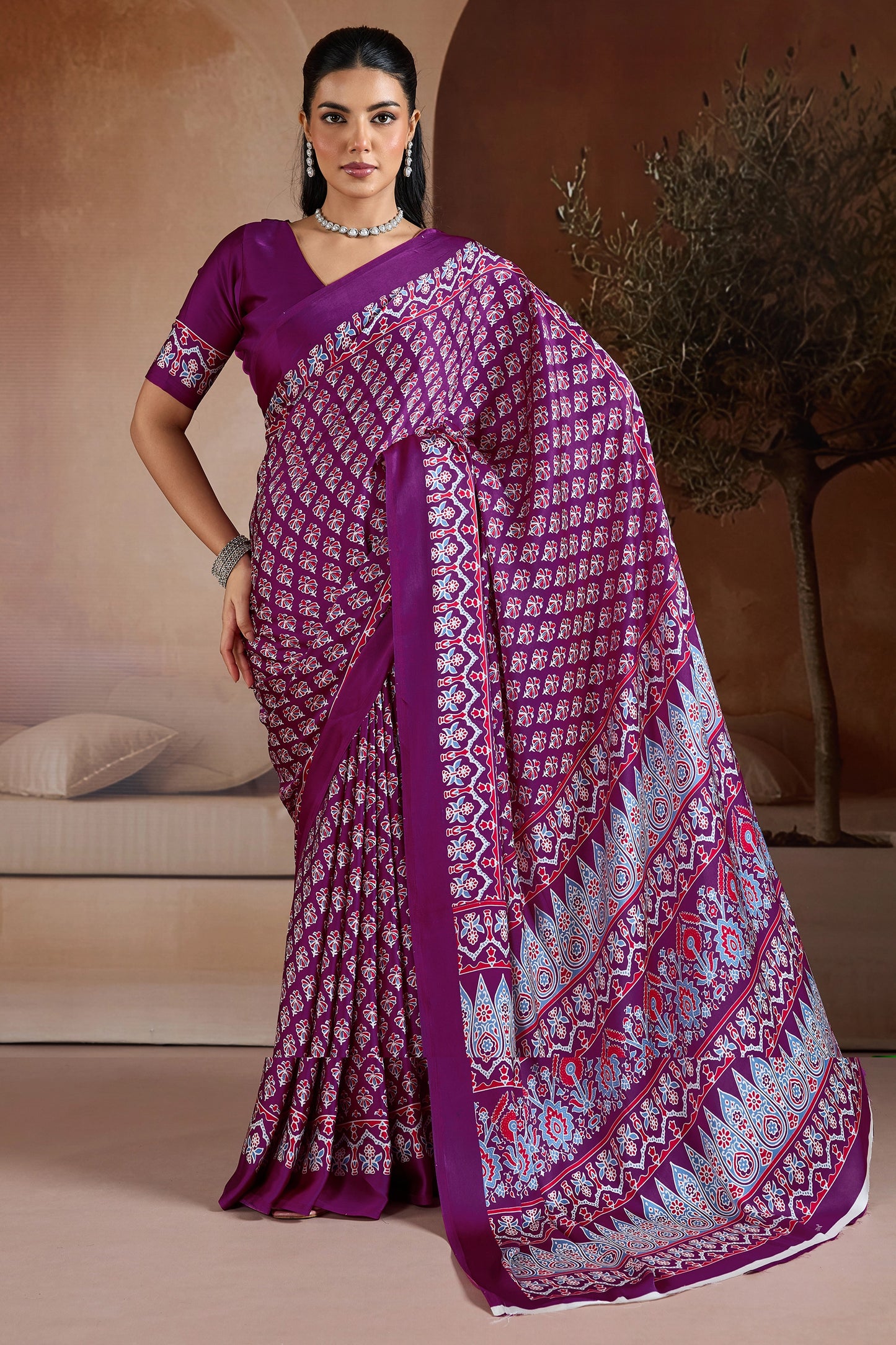 Purple Ajrakh Print Satin Saree-SAR11898_1_SareeButa.com