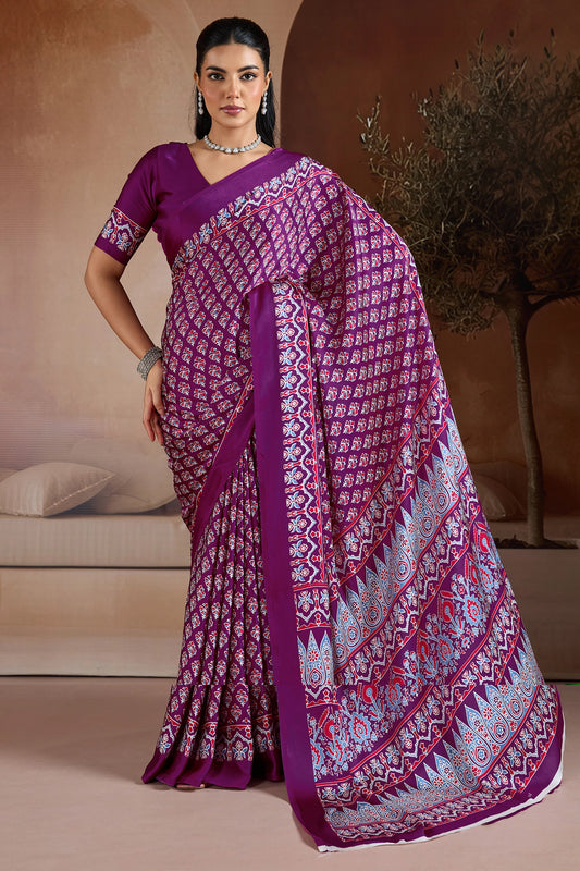 Purple Ajrakh Print Satin Saree-SAR11898_1_SareeButa.com