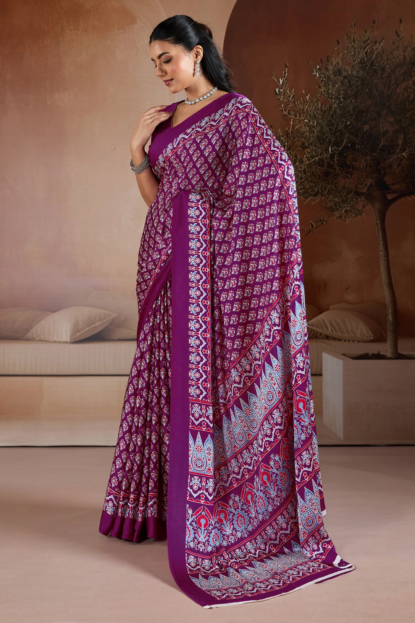 Purple Ajrakh Print Satin Saree-SAR11898_3_SareeButa.com