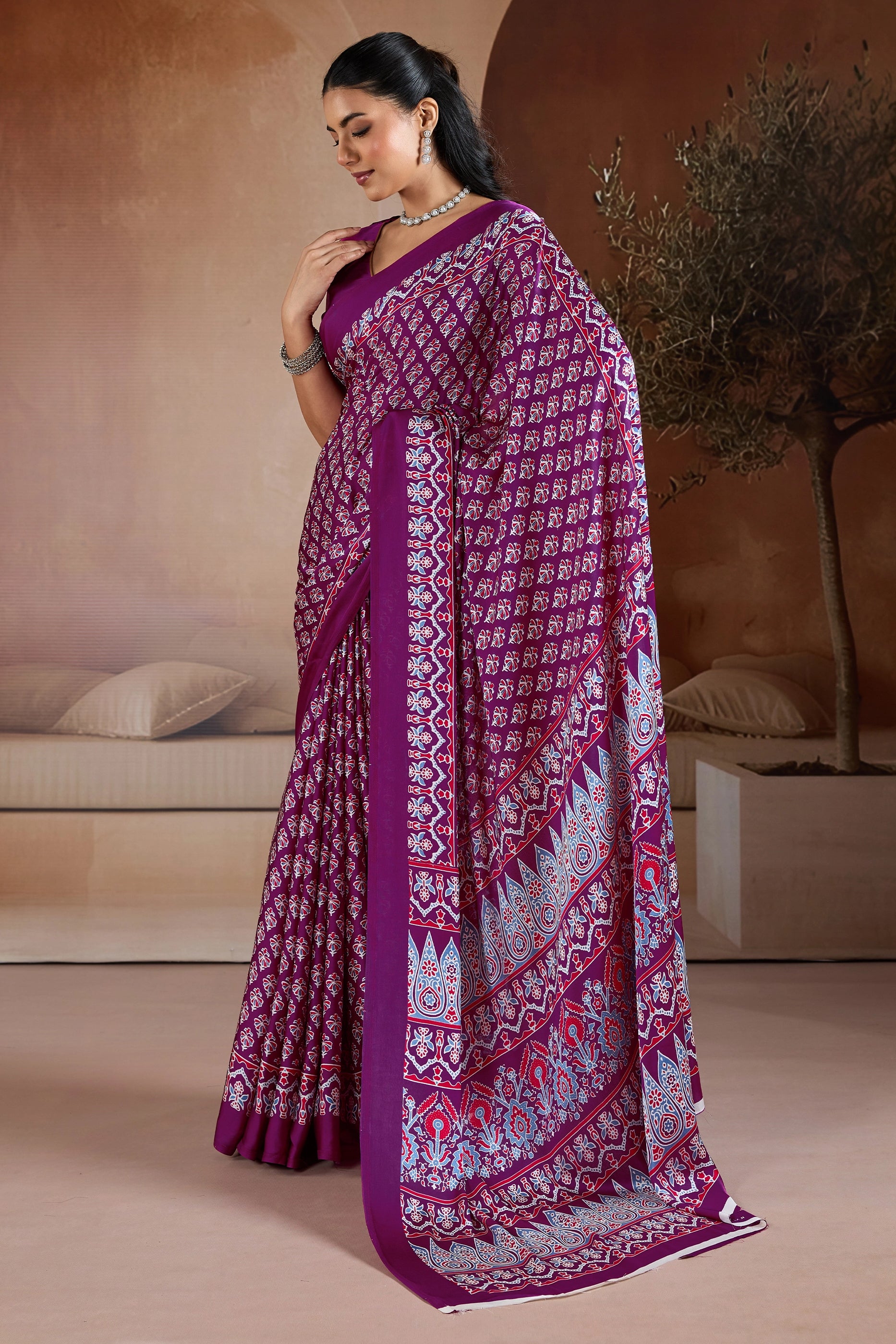 Purple Ajrakh Print Satin Saree-SAR11898_3_SareeButa.com