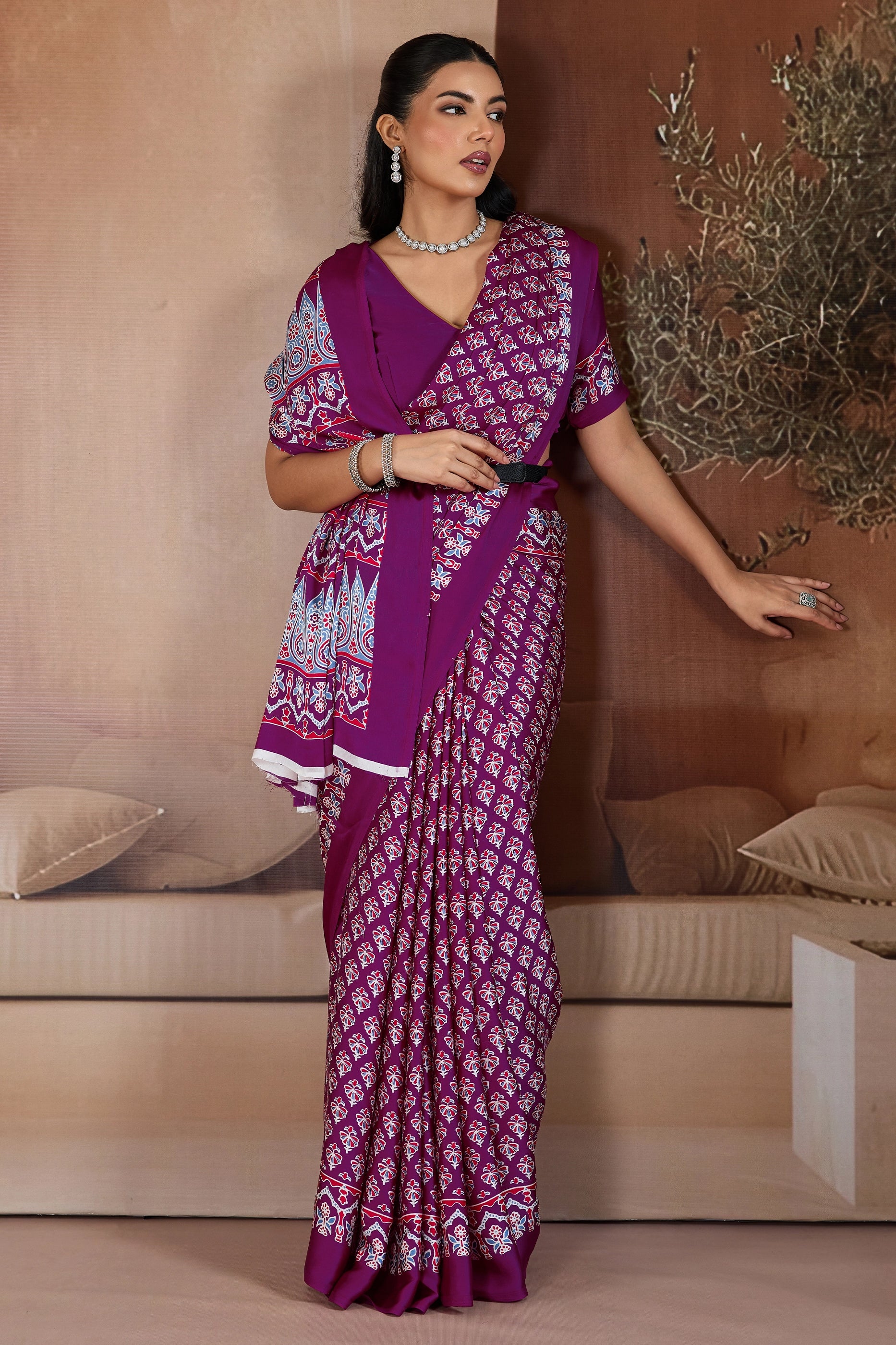 Purple Ajrakh Print Satin Saree-SAR11898_4_SareeButa.com