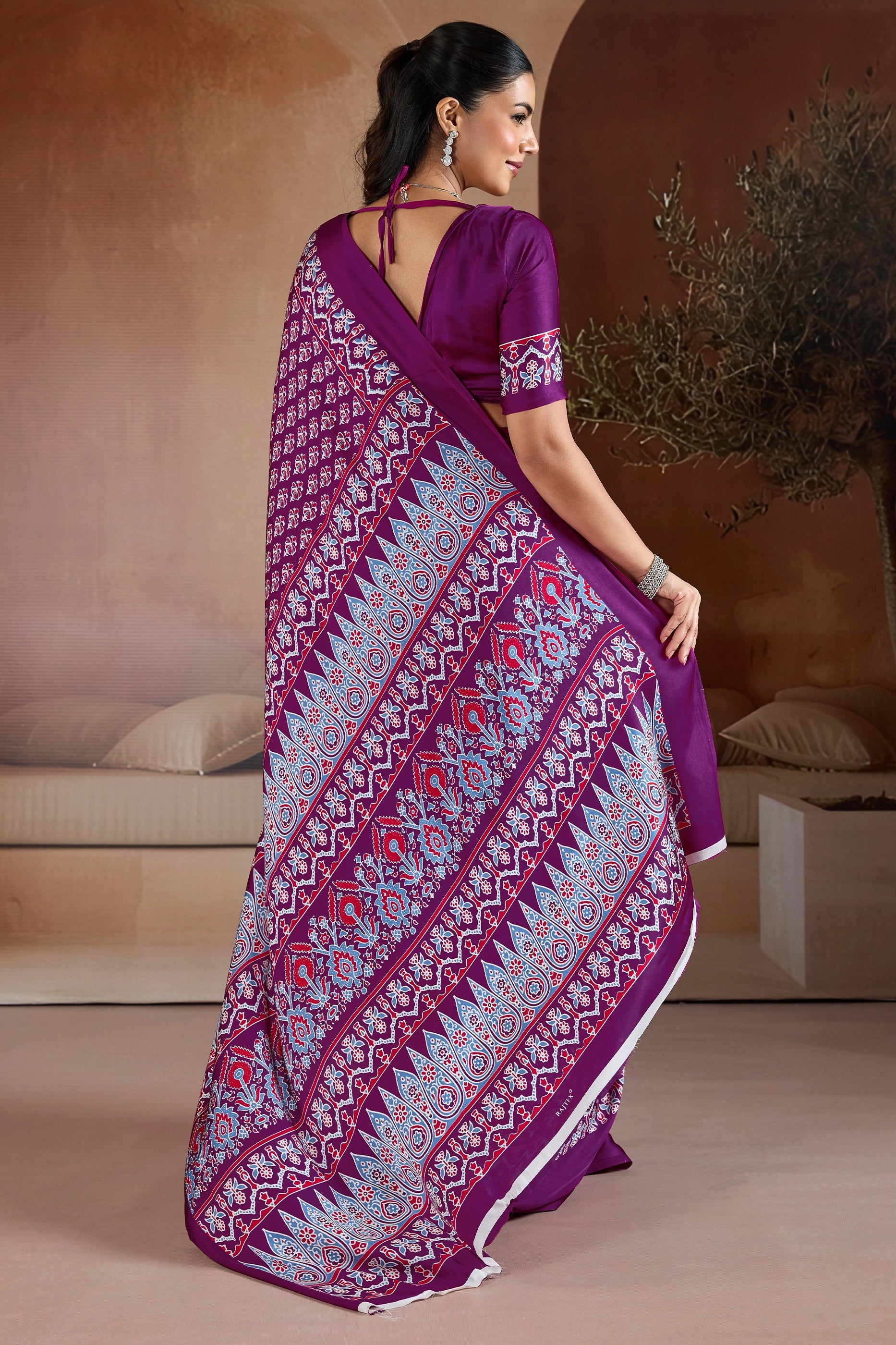 Purple Ajrakh Print Satin Saree-SAR11898_5_SareeButa.com