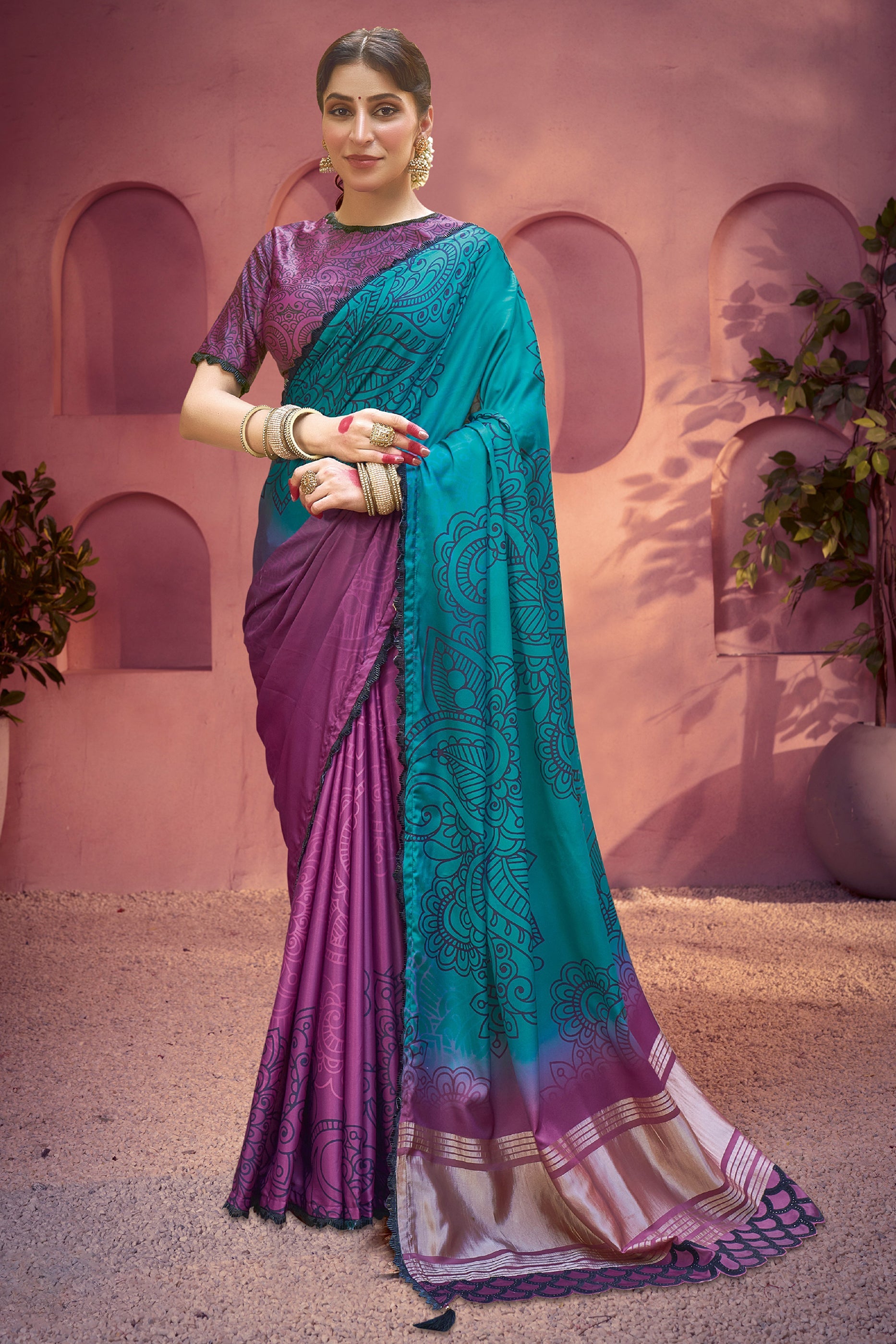 Purple And Blue Traditional Print Gajji Silk Saree-SAR10895_1_SareeButa.com