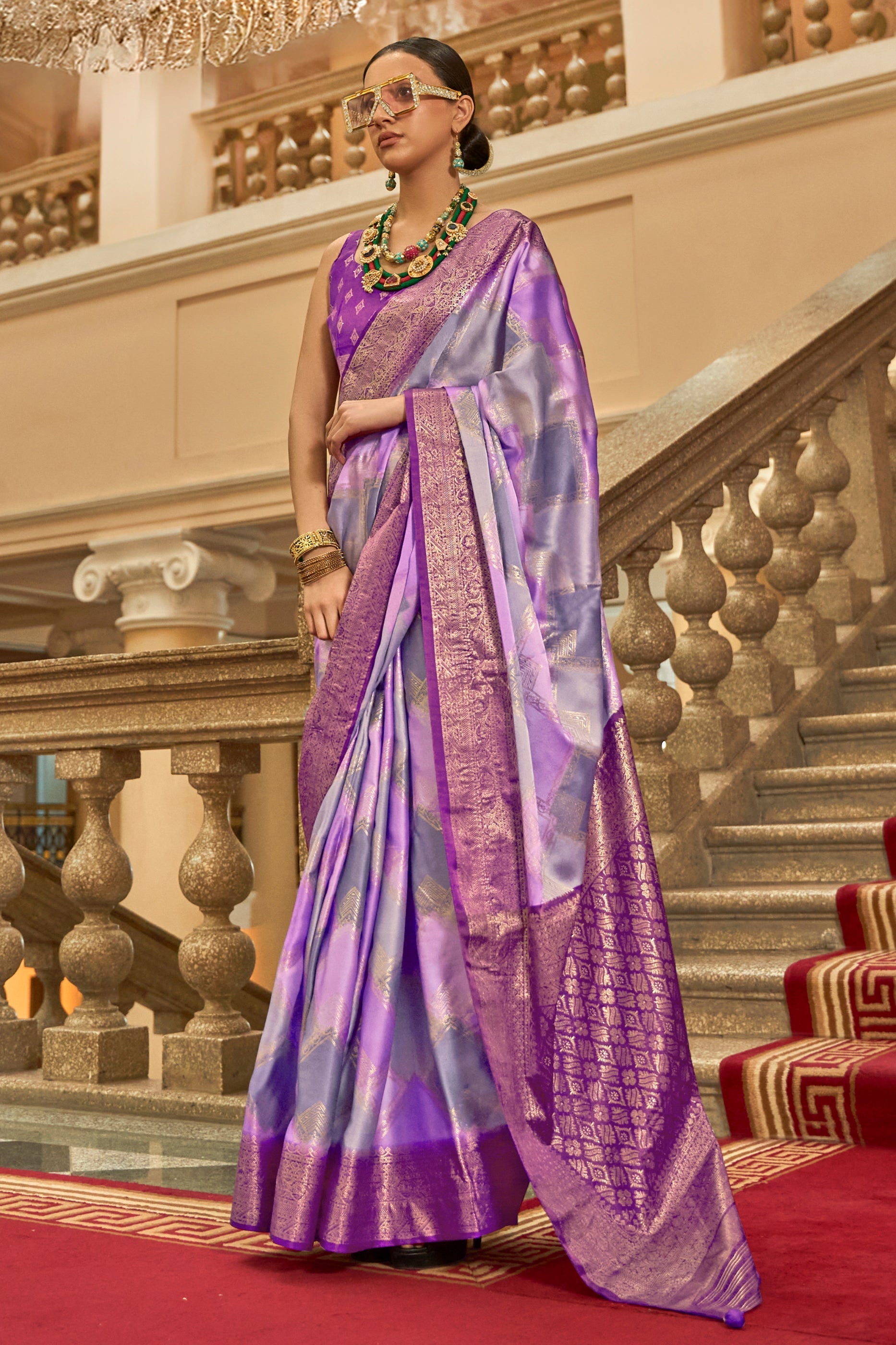 Purple And Grey Printed Satin Silk Saree-SAR10186_1_SareeButa.com