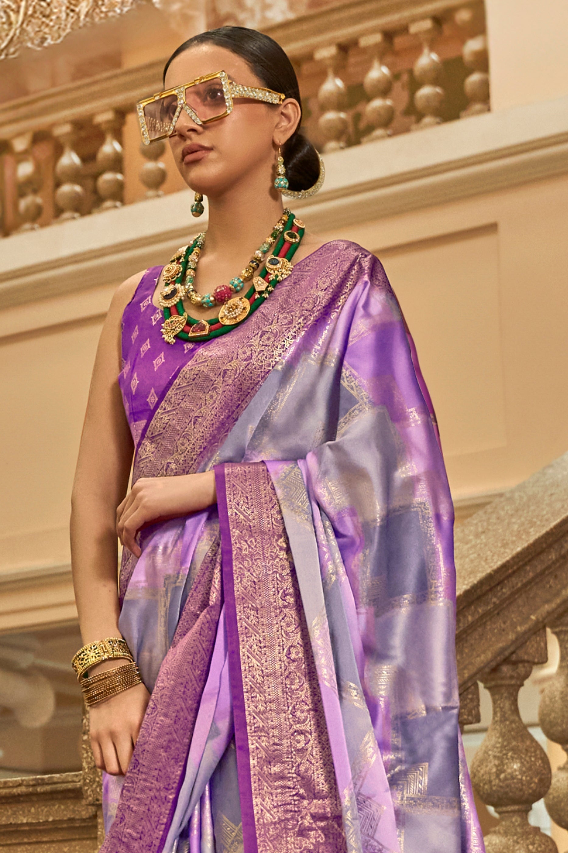 Purple And Grey Printed Satin Silk Saree-SAR10186_3_SareeButa.com